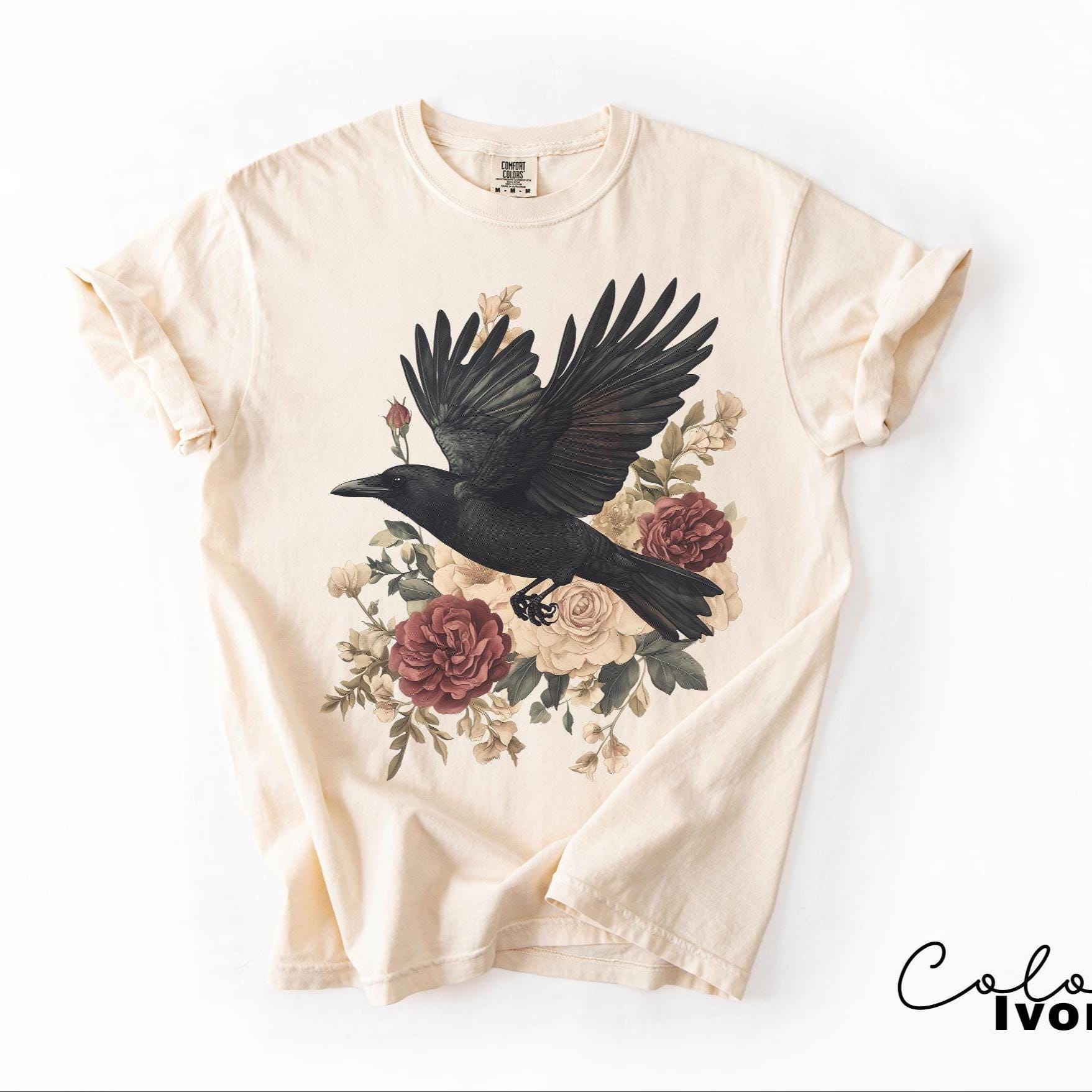 Crow Floral T-Shirt, Gothic Cottagecore Graphic Tee, Crow 90s T Shirt, Cottagecore Floral Sweatshirt,