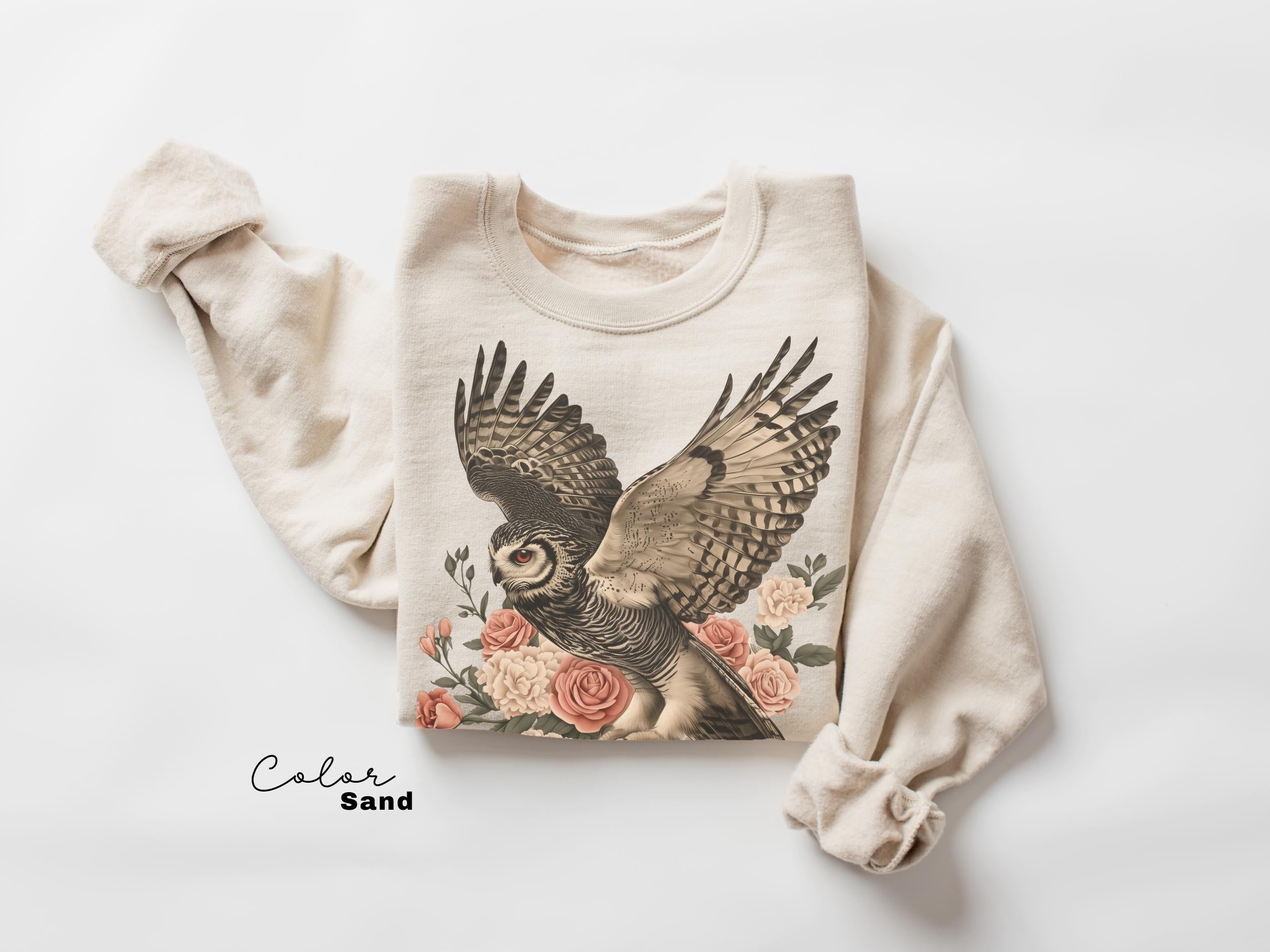 Vintage Style Owl Shirt, Cottagecore Floral Sweatshirt, Folk Art Forest Animal TShirt, Woodland Aesthetic