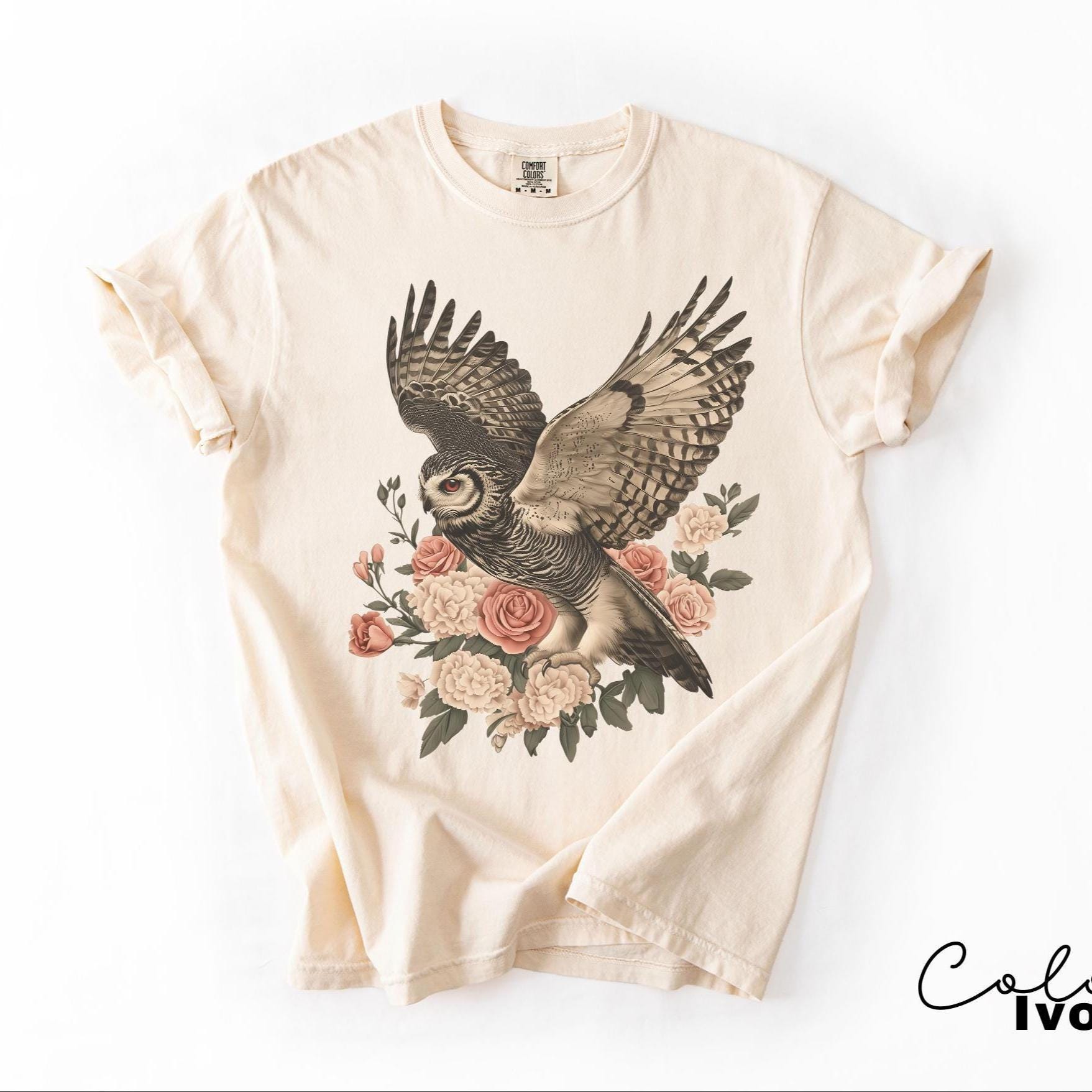 Vintage Style Owl Shirt, Cottagecore Floral Sweatshirt, Folk Art Forest Animal TShirt, Woodland Aesthetic