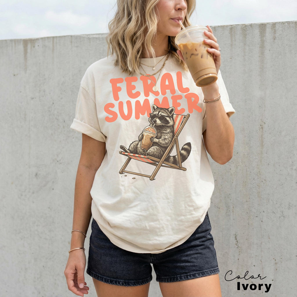 Comfort Colors Raccoon Drinking Iced Coffee Shirt, Feral Summer Shirt, Funny Animal Meme, Coffee Racoon