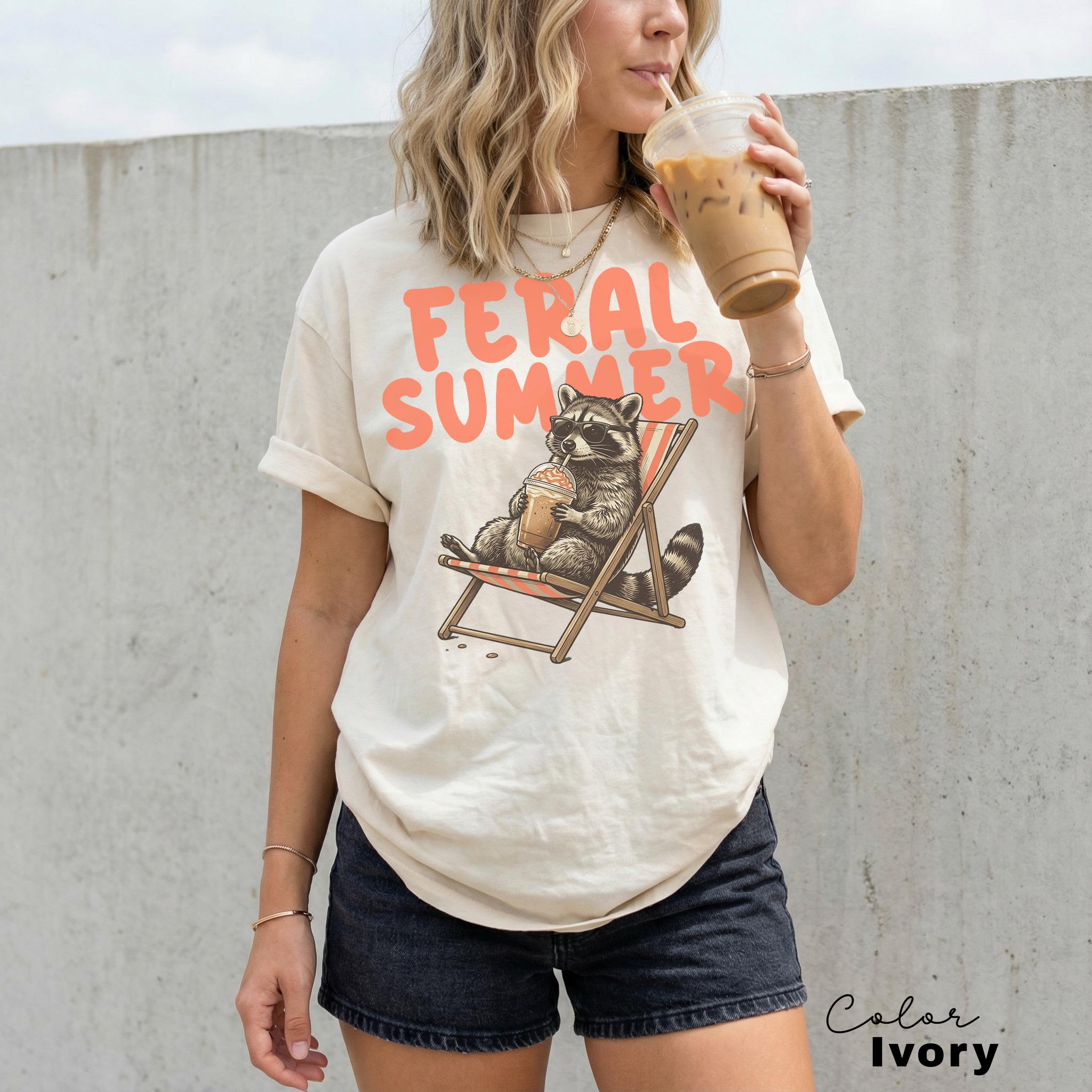 Comfort Colors Raccoon Drinking Iced Coffee Shirt, Feral Summer Shirt, Funny Animal Meme, Coffee Racoon