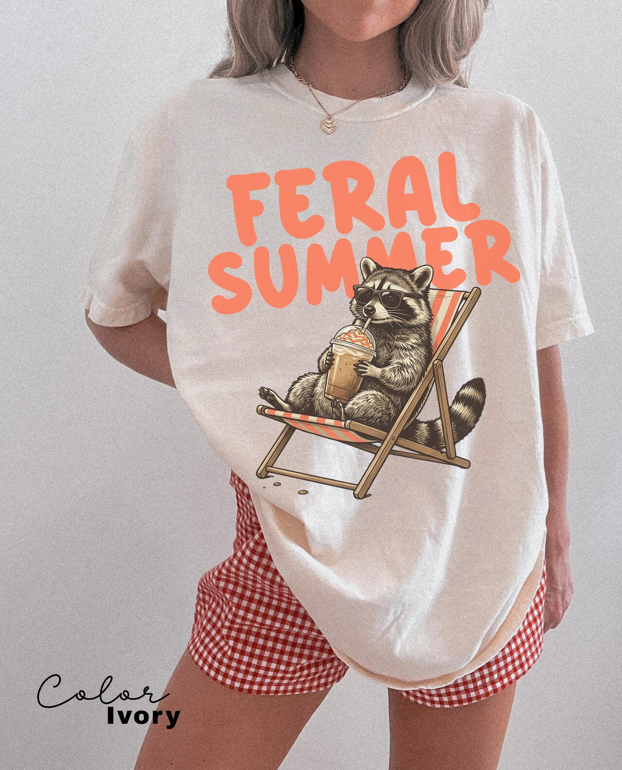 Comfort Colors Raccoon Drinking Iced Coffee Shirt, Feral Summer Shirt, Funny Animal Meme, Coffee Racoon