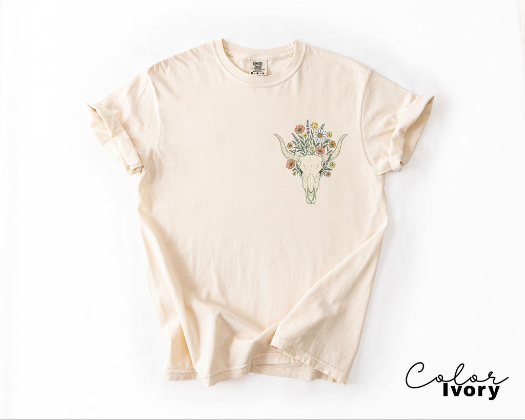 Cowgirl Wildflowers Longhorn Skull Shirt, Retro Western Graphic Tee, Comfort Colors Country Girl, Rodeo Outfit, Gift for Her, Country Farm