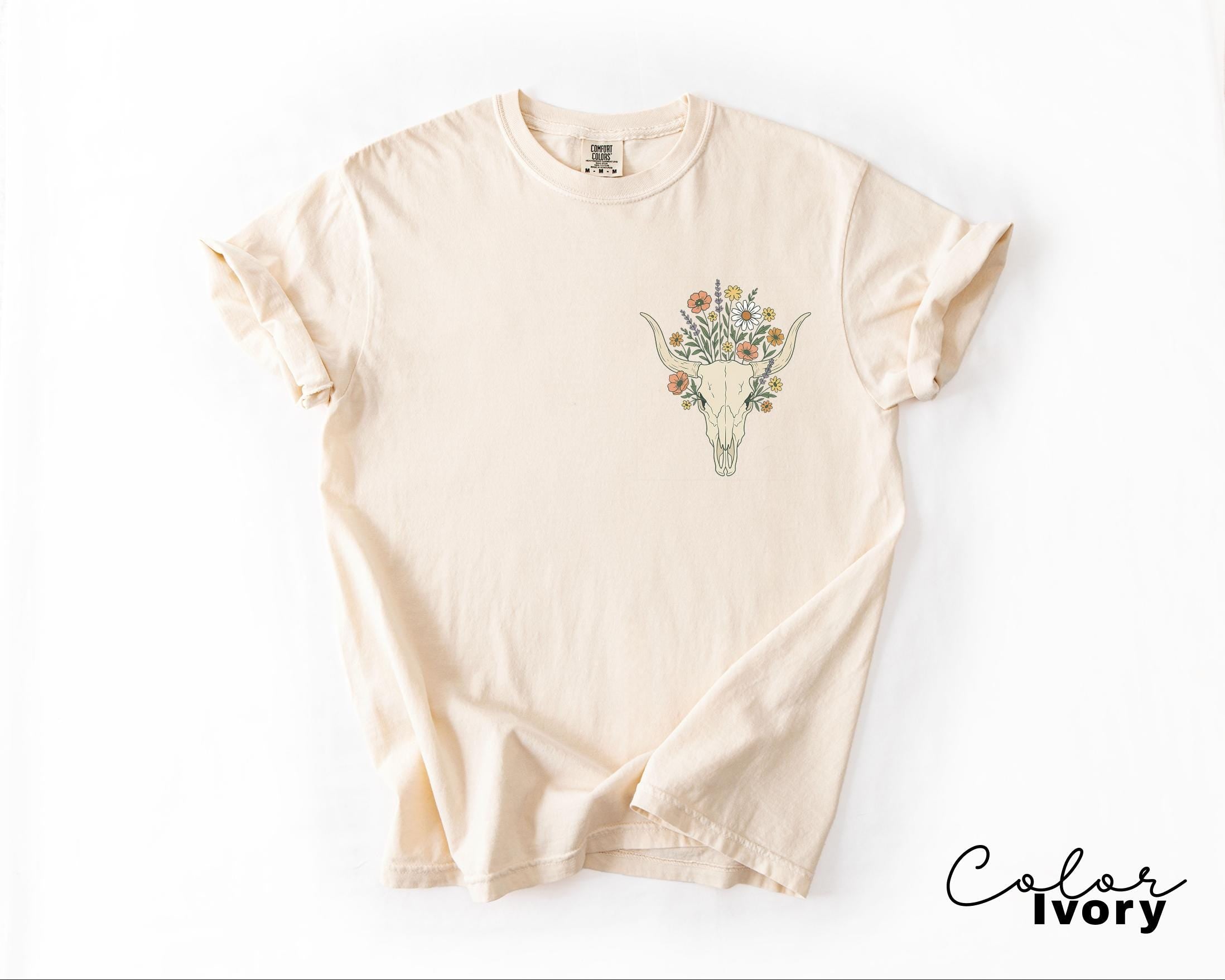 Cowgirl Wildflowers Longhorn Skull Shirt, Retro Western Graphic Tee, Comfort Colors Country Girl, Rodeo Outfit, Gift for Her, Country Farm