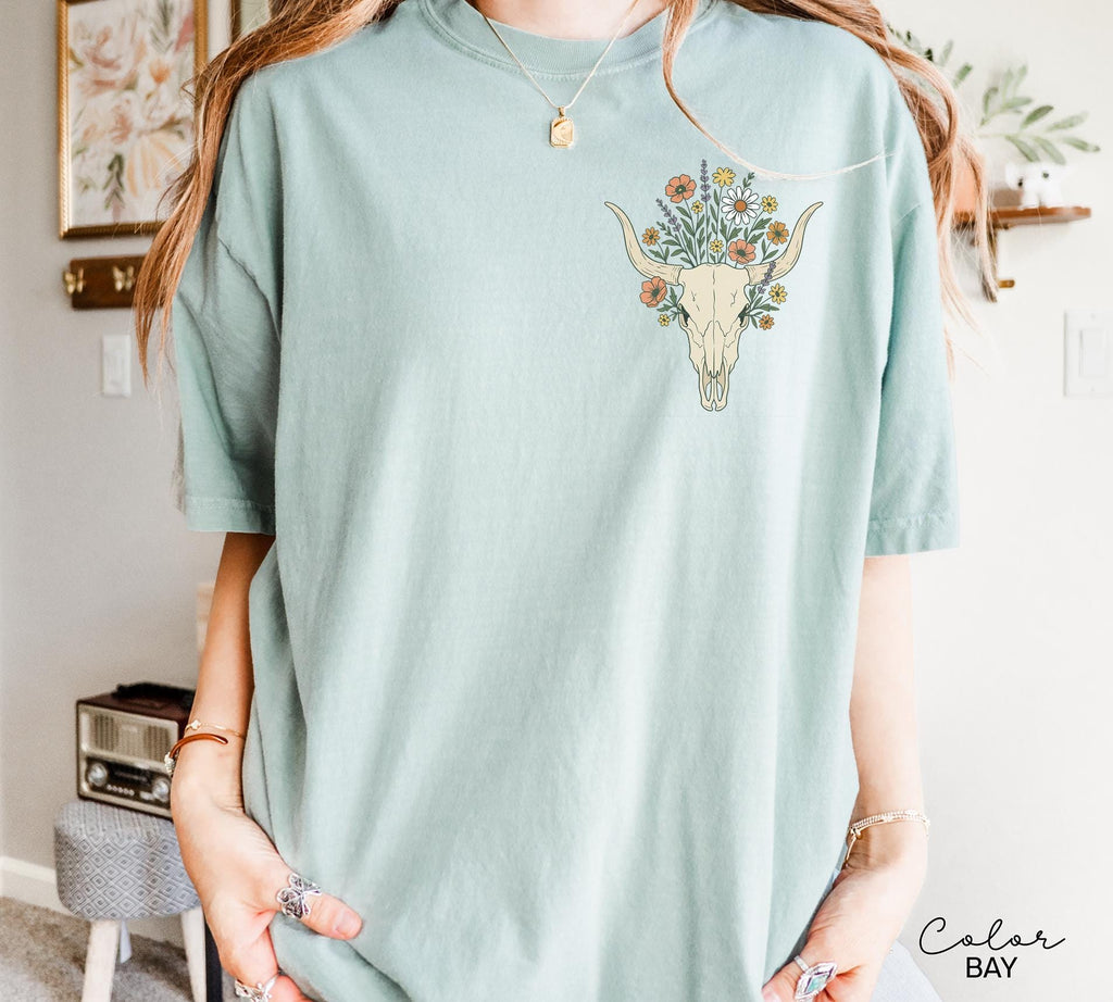 Cowgirl Wildflowers Longhorn Skull Shirt, Retro Western Graphic Tee, Comfort Colors Country Girl, Rodeo Outfit, Gift for Her, Country Farm