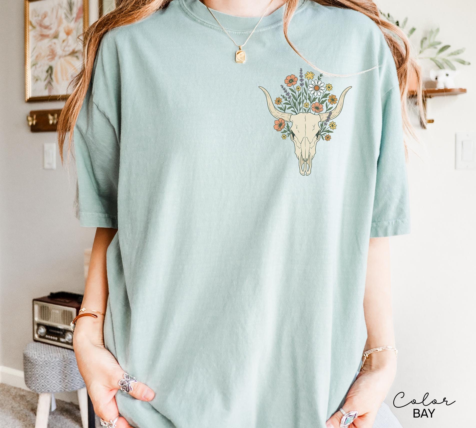 Cowgirl Wildflowers Longhorn Skull Shirt, Retro Western Graphic Tee, Comfort Colors Country Girl, Rodeo Outfit, Gift for Her, Country Farm
