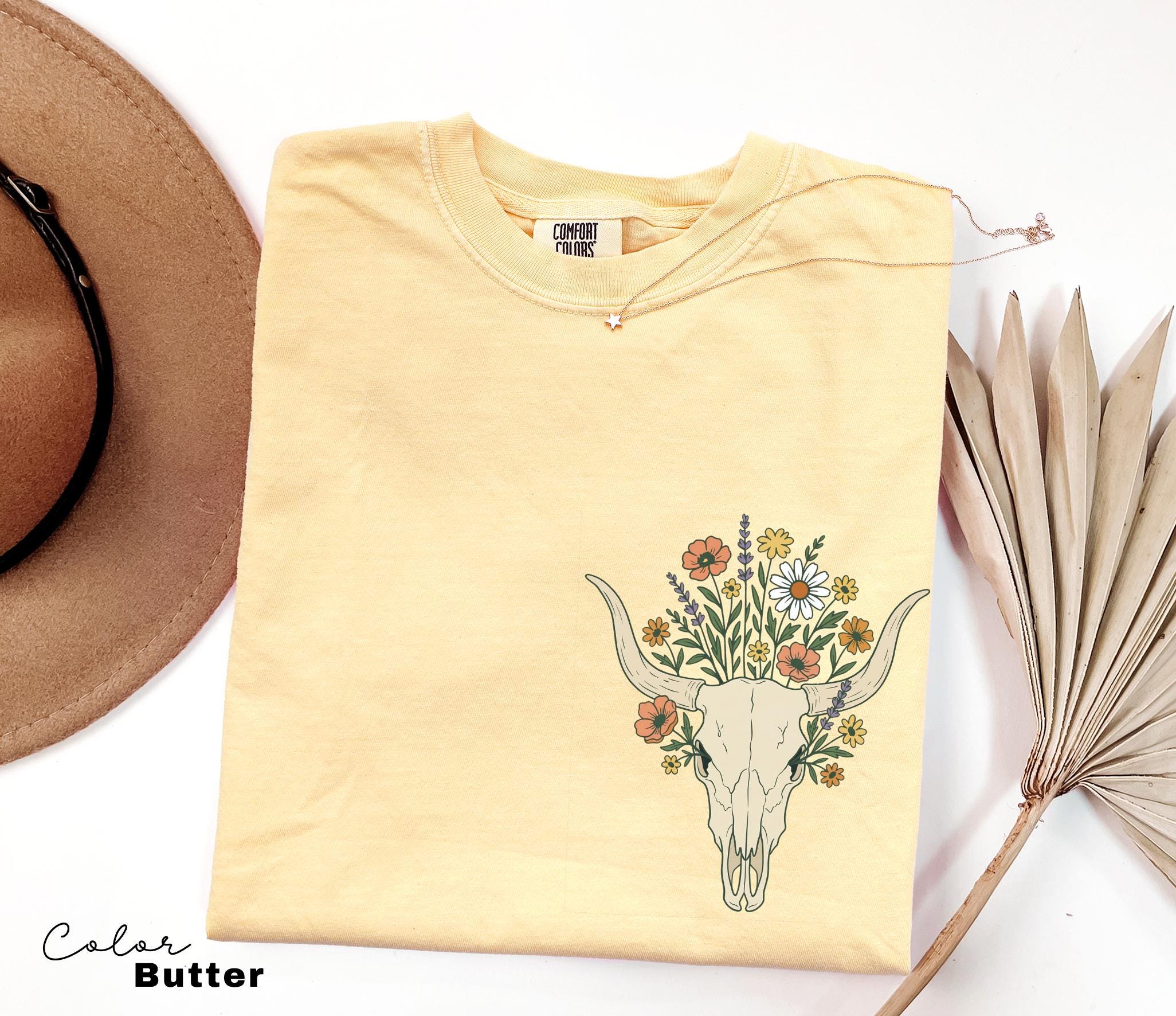 Cowgirl Wildflowers Longhorn Skull Shirt, Retro Western Graphic Tee, Comfort Colors Country Girl, Rodeo Outfit, Gift for Her, Country Farm