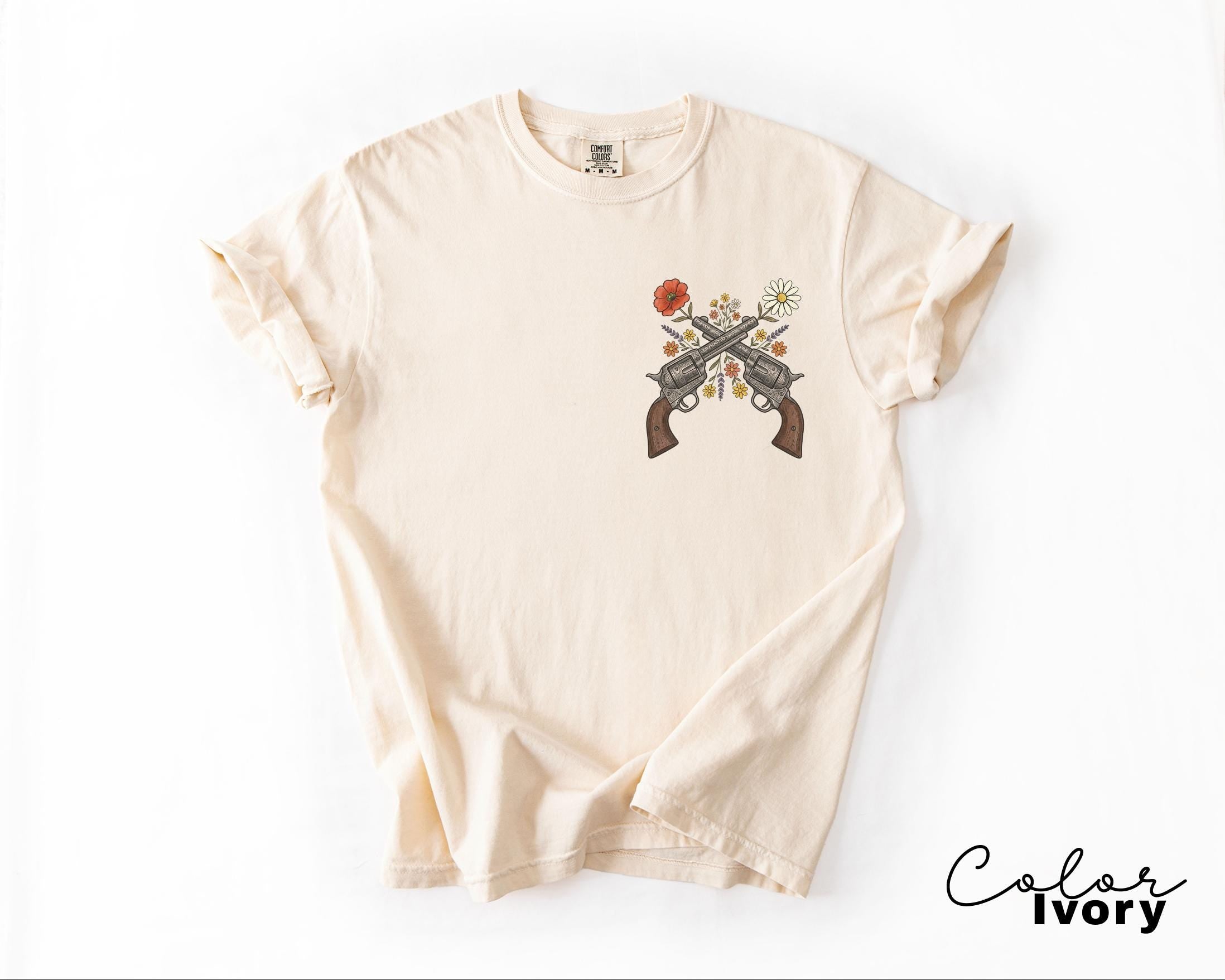 Cowgirl Wildflowers Gun Shirt, Retro Western Graphic Tee, Comfort Colors Country Girl T-Shirt, Rodeo Outfit, Gift for Her, Country Farm