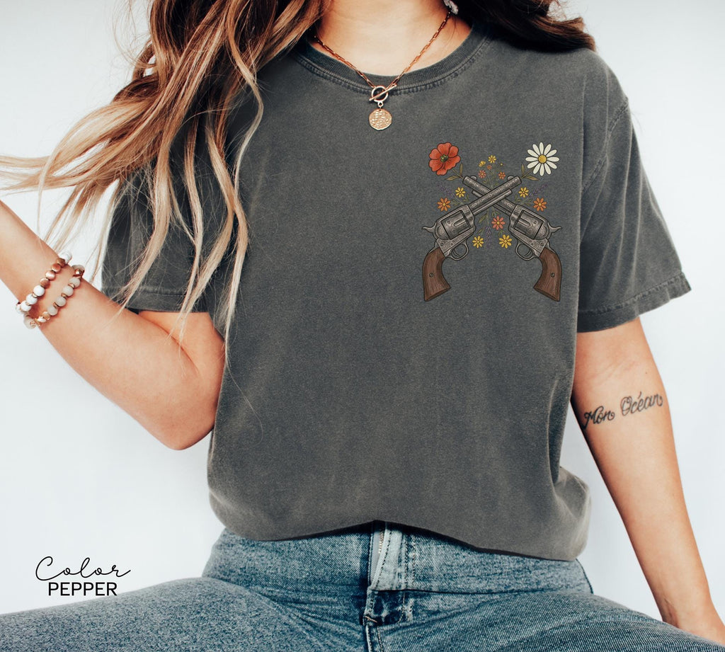 Cowgirl Wildflowers Gun Shirt, Retro Western Graphic Tee, Comfort Colors Country Girl T-Shirt, Rodeo Outfit, Gift for Her, Country Farm