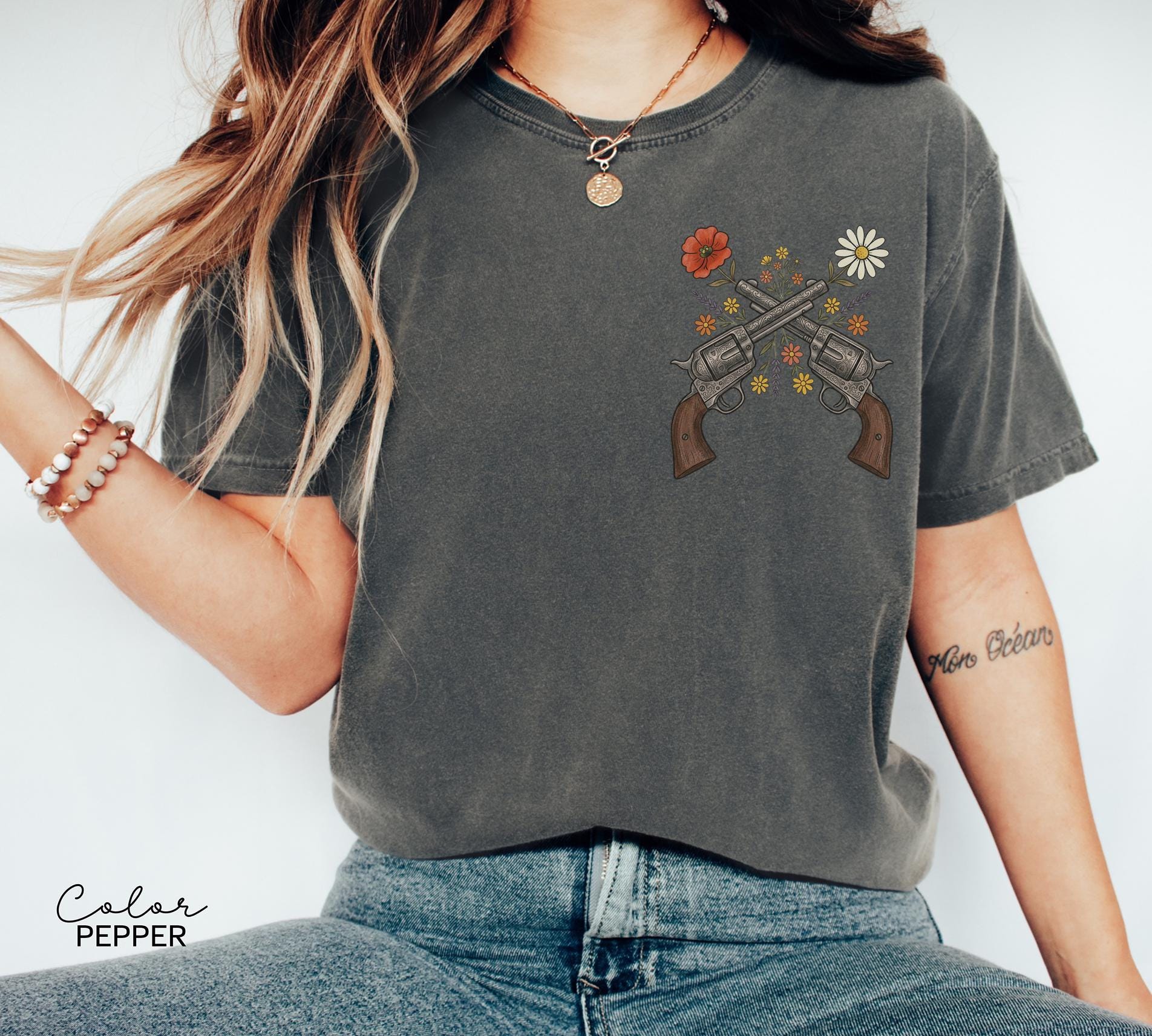 Cowgirl Wildflowers Gun Shirt, Retro Western Graphic Tee, Comfort Colors Country Girl T-Shirt, Rodeo Outfit, Gift for Her, Country Farm