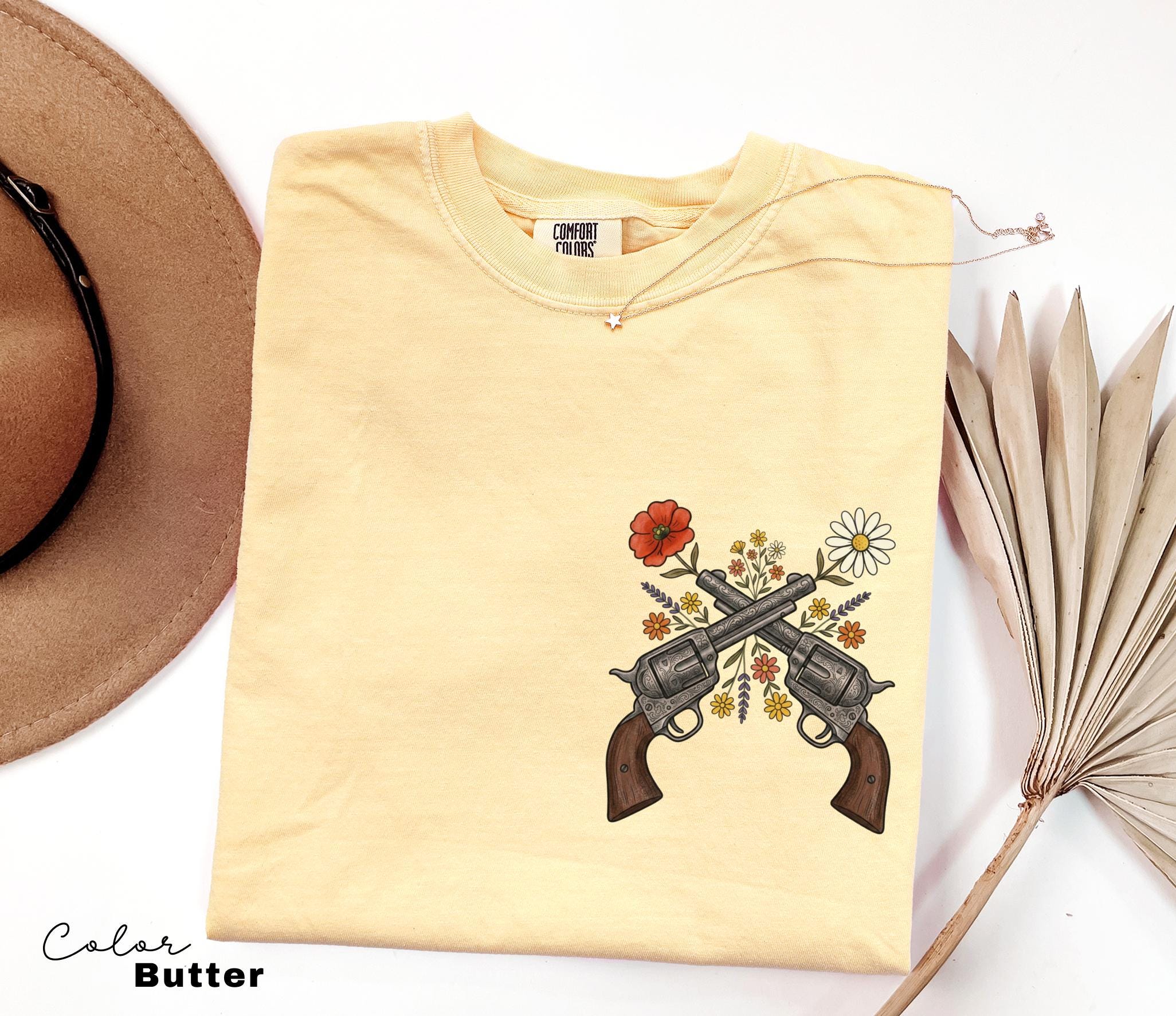 Cowgirl Wildflowers Gun Shirt, Retro Western Graphic Tee, Comfort Colors Country Girl T-Shirt, Rodeo Outfit, Gift for Her, Country Farm