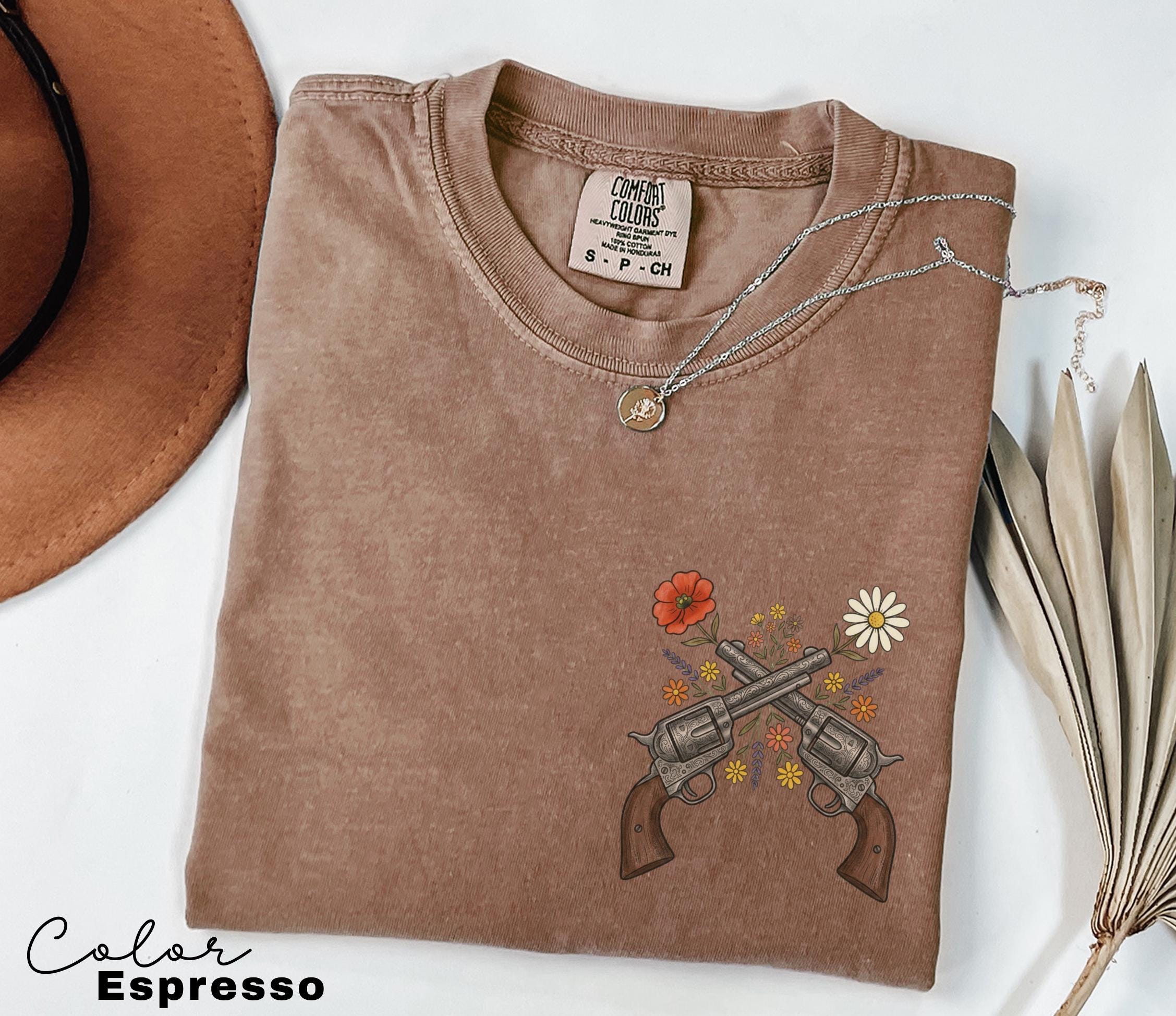 Cowgirl Wildflowers Gun Shirt, Retro Western Graphic Tee, Comfort Colors Country Girl T-Shirt, Rodeo Outfit, Gift for Her, Country Farm