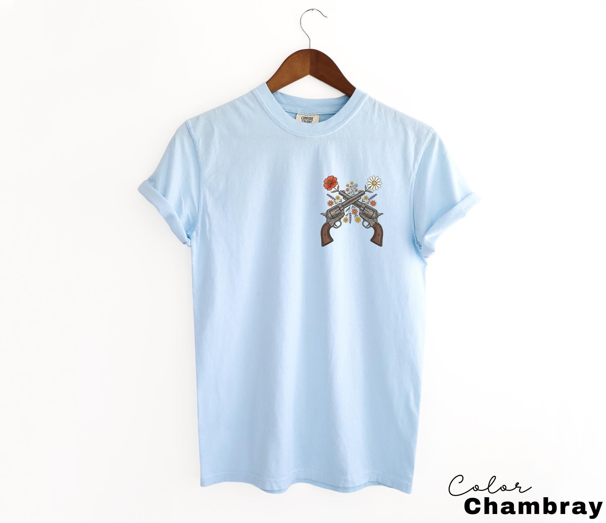 Cowgirl Wildflowers Gun Shirt, Retro Western Graphic Tee, Comfort Colors Country Girl T-Shirt, Rodeo Outfit, Gift for Her, Country Farm