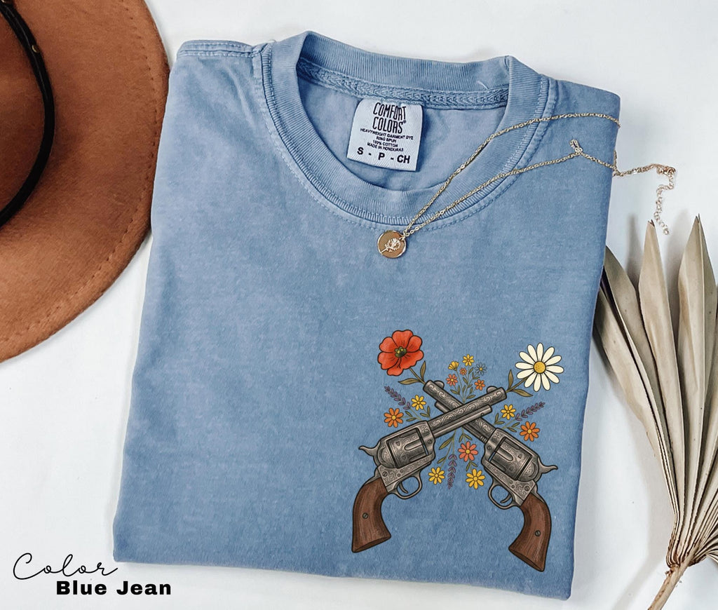 Cowgirl Wildflowers Gun Shirt, Retro Western Graphic Tee, Comfort Colors Country Girl T-Shirt, Rodeo Outfit, Gift for Her, Country Farm
