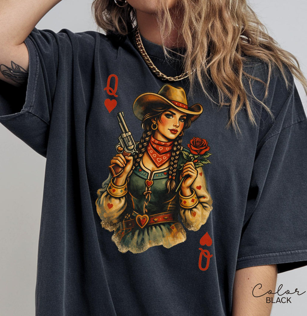 Cowgirl Queen Of Hearts Shirt, Retro Western Cowgirl Graphic Tee, Comfort Colors Country Girl T-Shirt, Vintage Rodeo Outfit, Playing Card