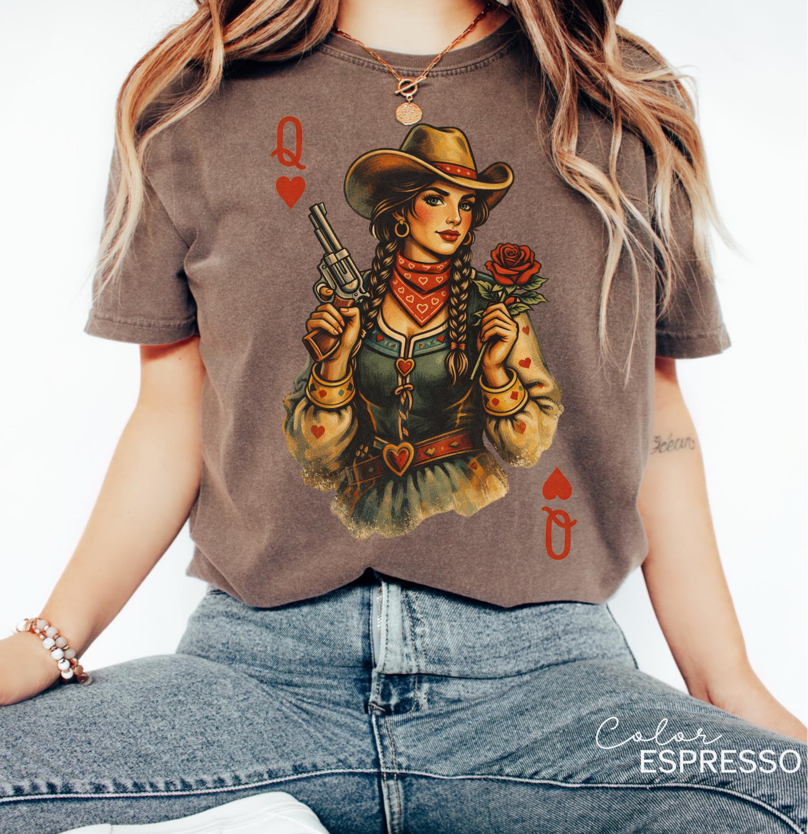 Cowgirl Queen Of Hearts Shirt, Retro Western Cowgirl Graphic Tee, Comfort Colors Country Girl T-Shirt, Vintage Rodeo Outfit, Playing Card