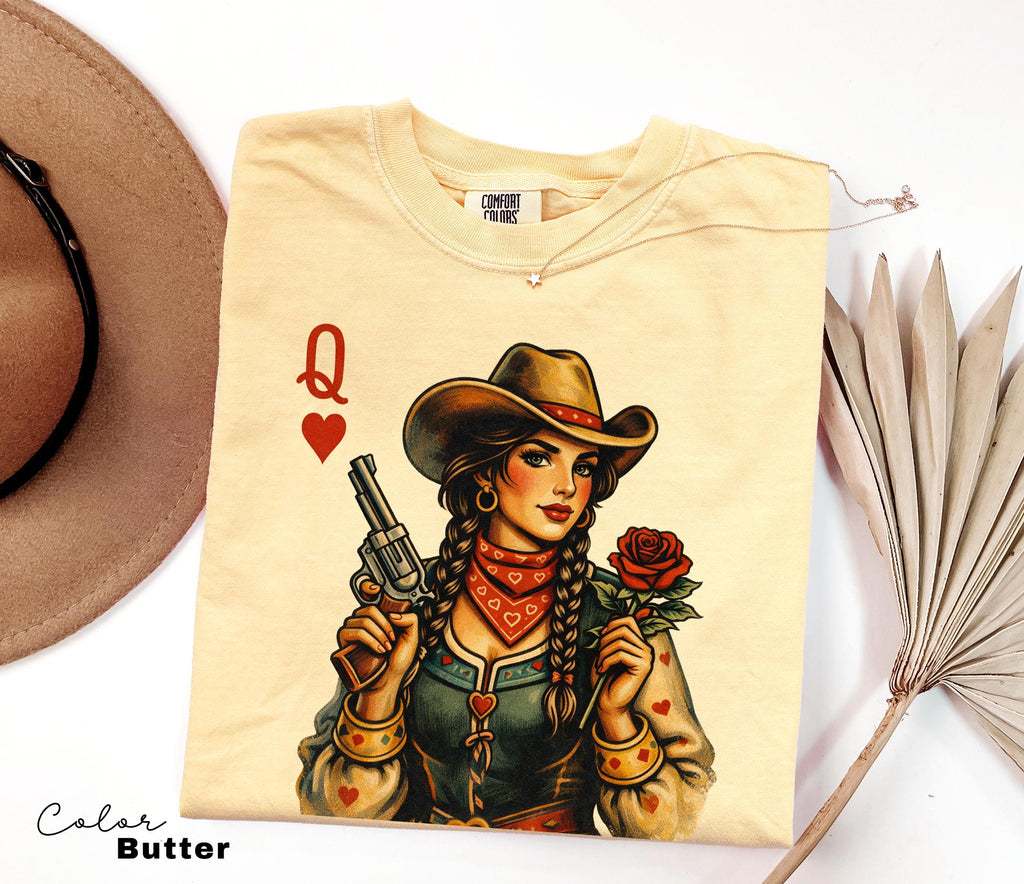 Cowgirl Queen Of Hearts Shirt, Retro Western Cowgirl Graphic Tee, Comfort Colors Country Girl T-Shirt, Vintage Rodeo Outfit, Playing Card
