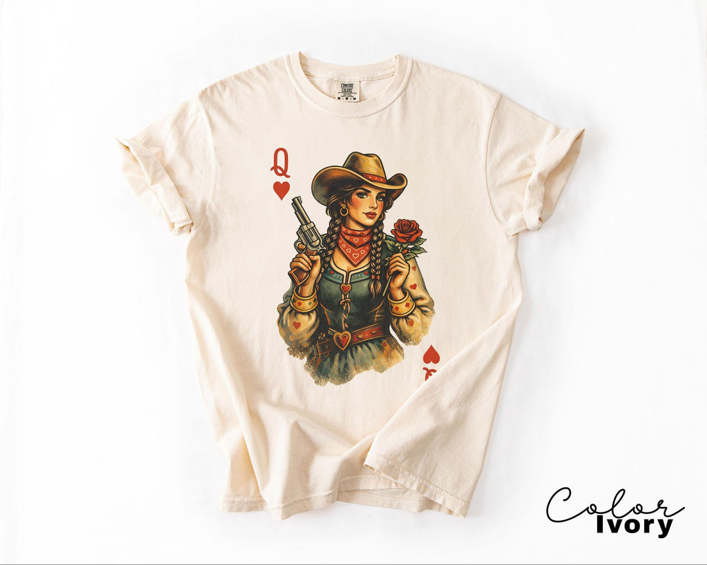 Cowgirl Queen Of Hearts Shirt, Retro Western Cowgirl Graphic Tee, Comfort Colors Country Girl T-Shirt, Vintage Rodeo Outfit, Playing Card
