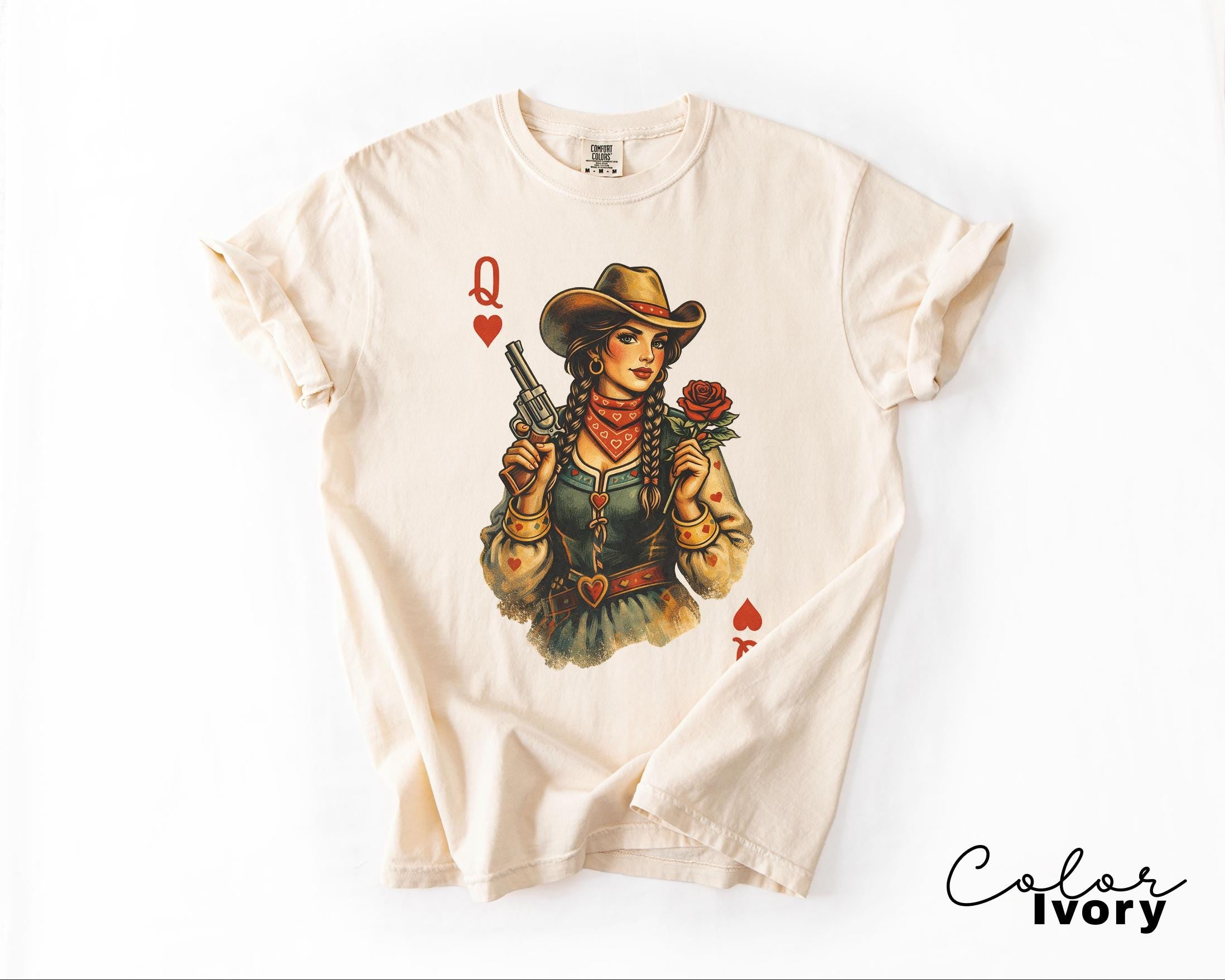Cowgirl Queen Of Hearts Shirt, Retro Western Cowgirl Graphic Tee, Comfort Colors Country Girl T-Shirt, Vintage Rodeo Outfit, Playing Card