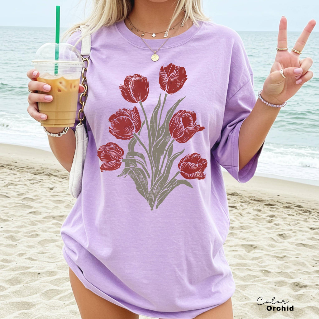 Tulip Flower Shirt Comfort Colors, Wildflowers Shirt, Cottagecore Floral Tee, Botanical Shirt, Nature Aesthetic Tee, April Birth Flower Gift