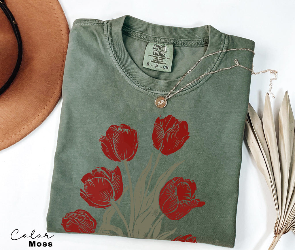 Tulip Flower Shirt Comfort Colors, Wildflowers Shirt, Cottagecore Floral Tee, Botanical Shirt, Nature Aesthetic Tee, April Birth Flower Gift