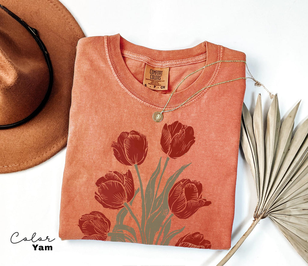 Tulip Flower Shirt Comfort Colors, Wildflowers Shirt, Cottagecore Floral Tee, Botanical Shirt, Nature Aesthetic Tee, April Birth Flower Gift