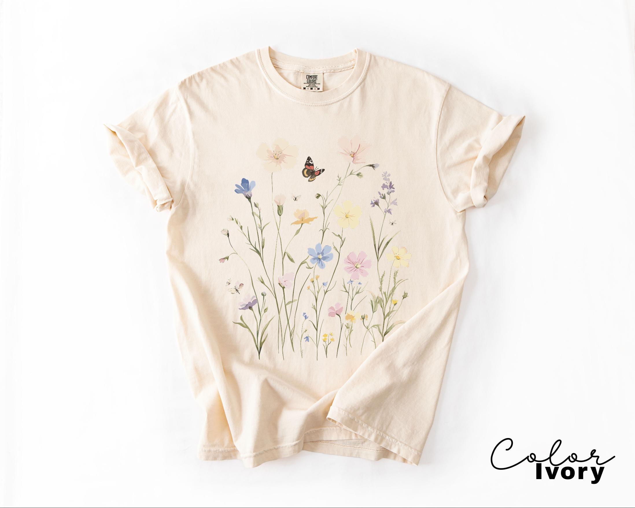 Vintage Wildflower Botanical Graphic Tee, Retro Cottagecore Comfort Colors T-Shirt, Garden Flower Shirt