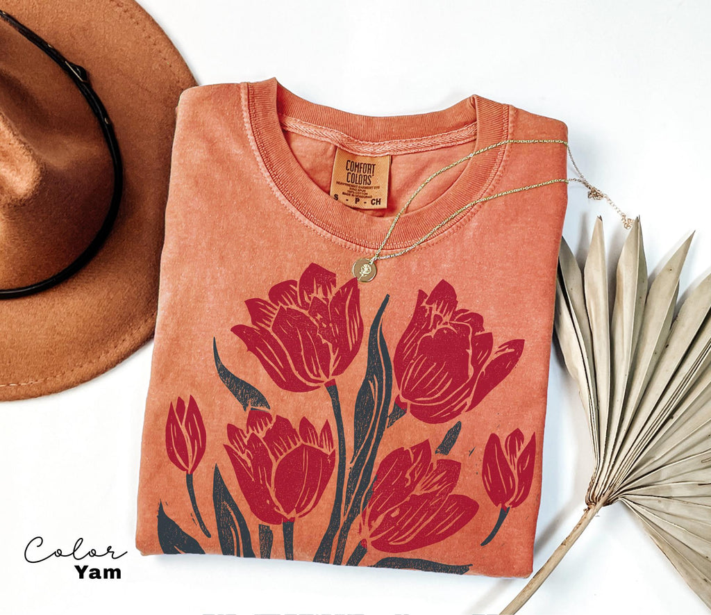 Retro Linocut Tee, Comfort Colors Flower Shirt, Spring Summer Floral Tee, Botanical, Cottagecore