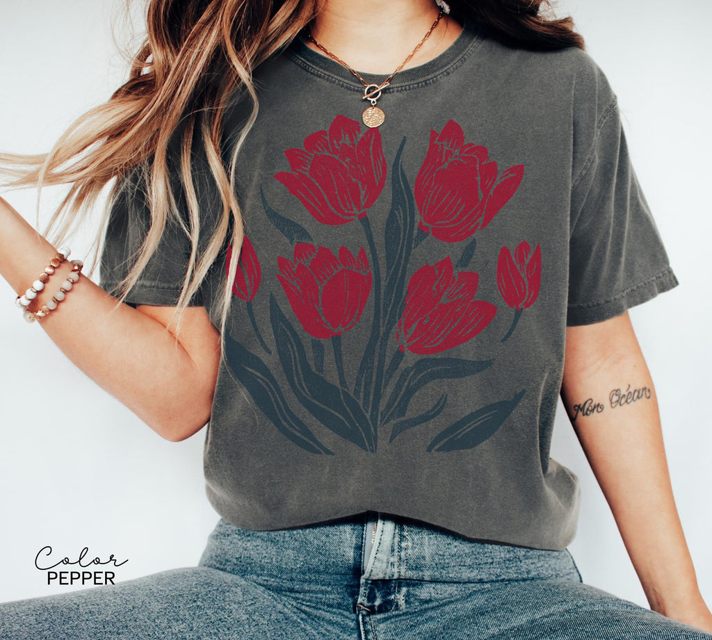 Retro Linocut Tee, Comfort Colors Flower Shirt, Spring Summer Floral Tee, Botanical, Cottagecore
