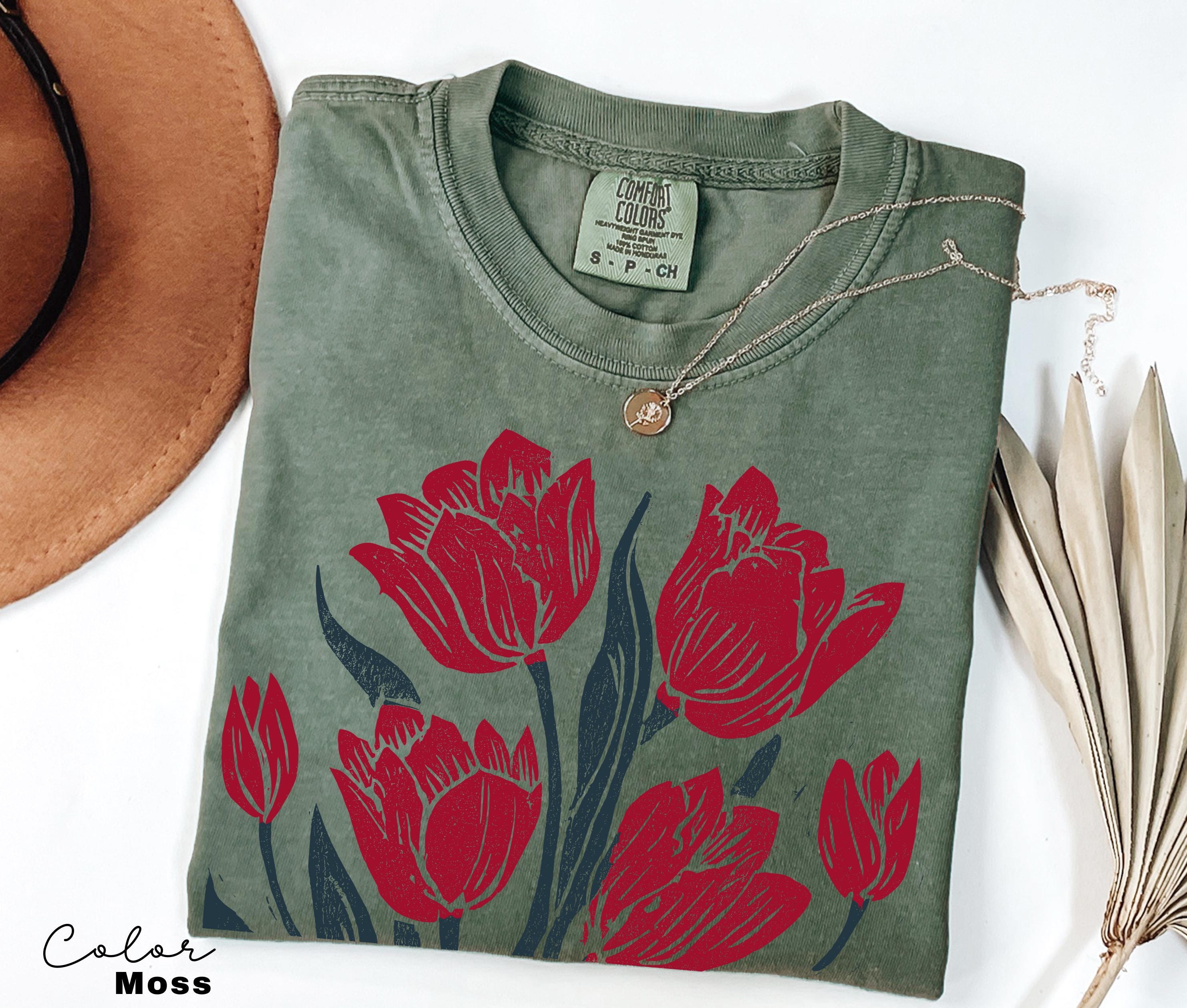 Retro Linocut Tee, Comfort Colors Flower Shirt, Spring Summer Floral Tee, Botanical, Cottagecore