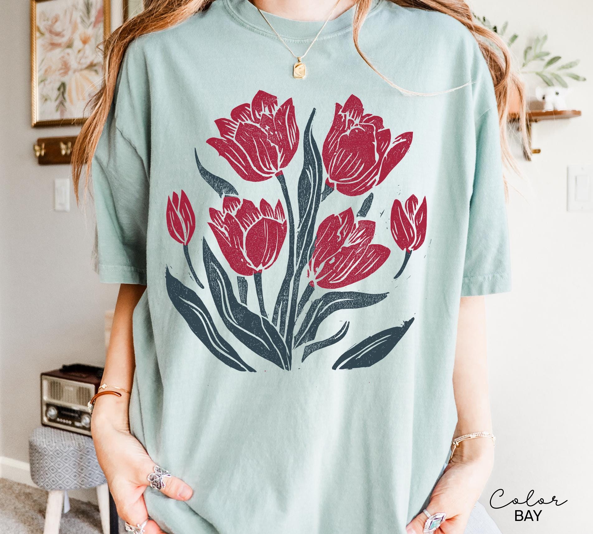 Retro Linocut Tee, Comfort Colors Flower Shirt, Spring Summer Floral Tee, Botanical, Cottagecore
