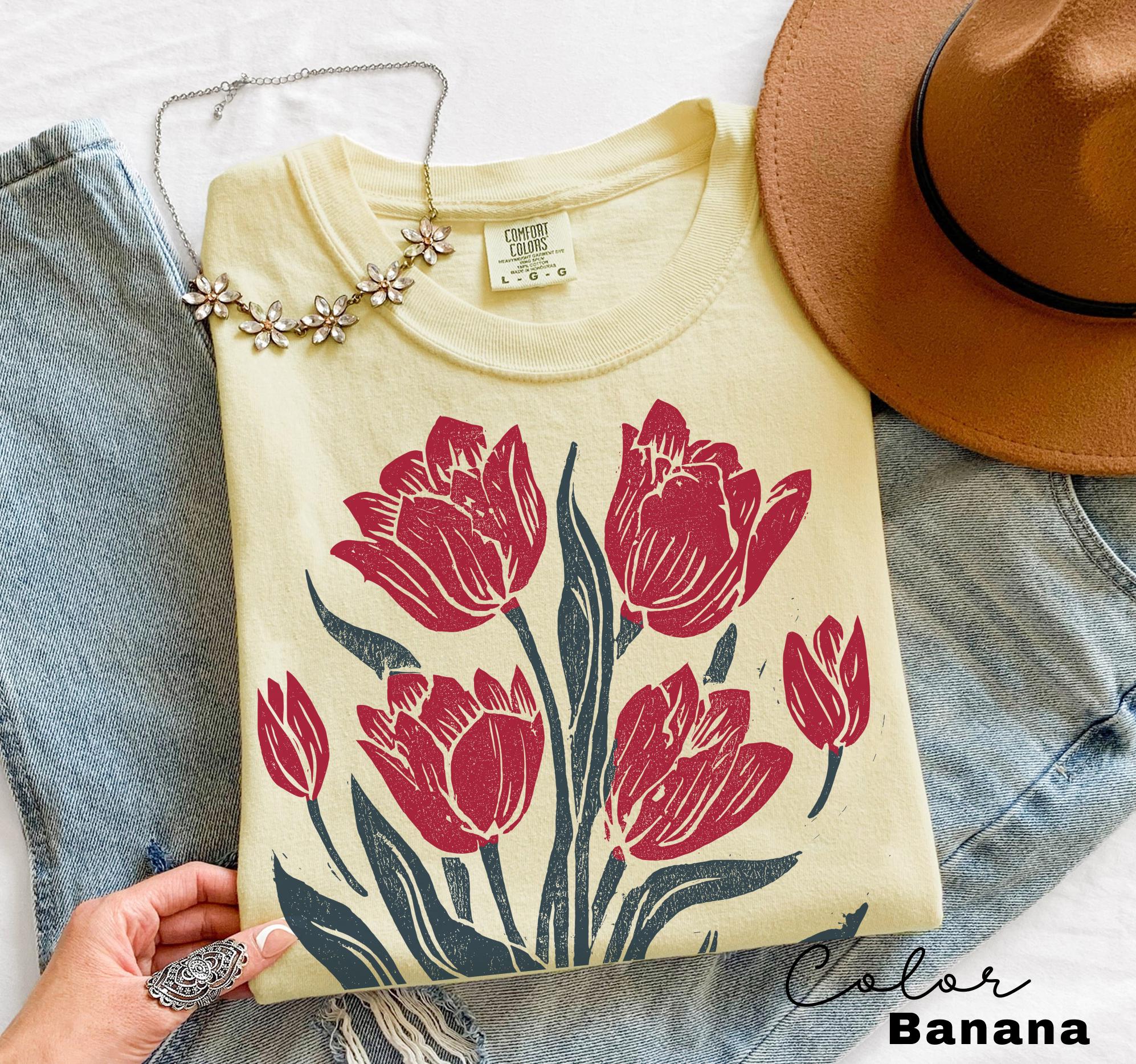 Retro Linocut Tee, Comfort Colors Flower Shirt, Spring Summer Floral Tee, Botanical, Cottagecore