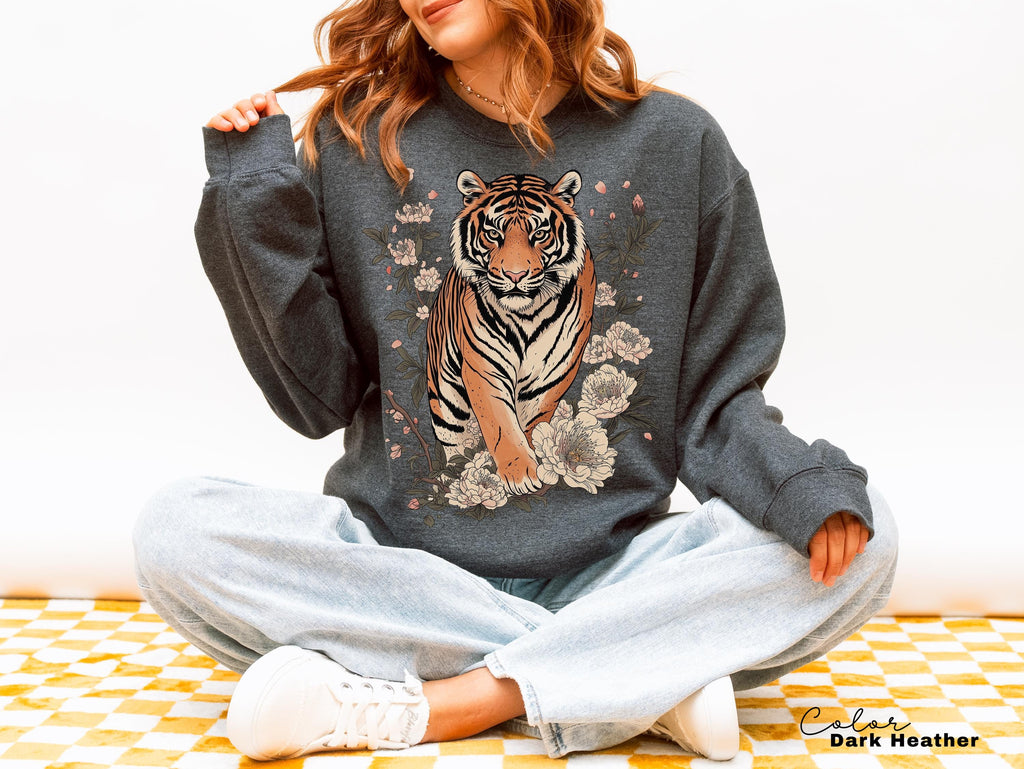 Retro Tiger T-Shirt, Animal Gift for Tiger Lover, Wild Cat Sweatshirt, Linocut Style, Boho, Cottagecore