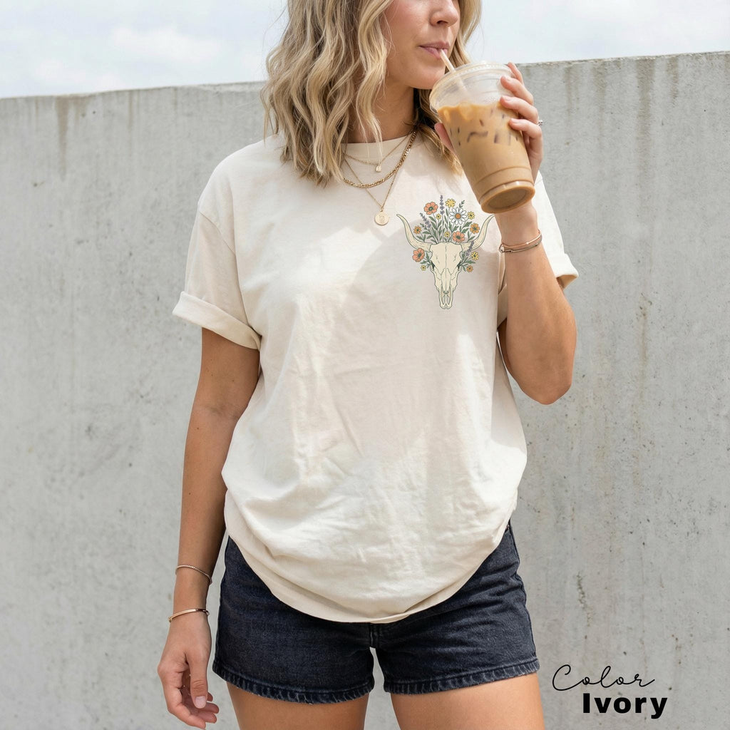 Cowgirl Wildflowers Longhorn Skull Shirt, Retro Western Graphic Tee, Comfort Colors Country Girl, Rodeo Outfit, Gift for Her, Country Farm