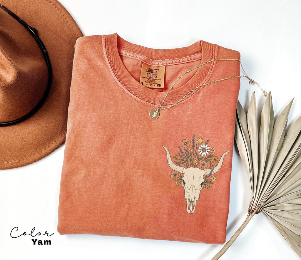 Cowgirl Wildflowers Longhorn Skull Shirt, Retro Western Graphic Tee, Comfort Colors Country Girl, Rodeo Outfit, Gift for Her, Country Farm
