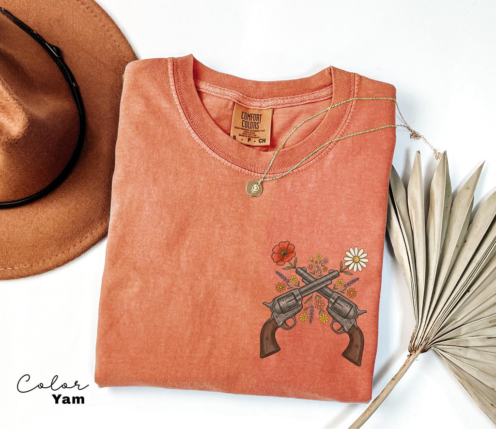 Cowgirl Wildflowers Gun Shirt, Retro Western Graphic Tee, Comfort Colors Country Girl T-Shirt, Rodeo Outfit, Gift for Her, Country Farm