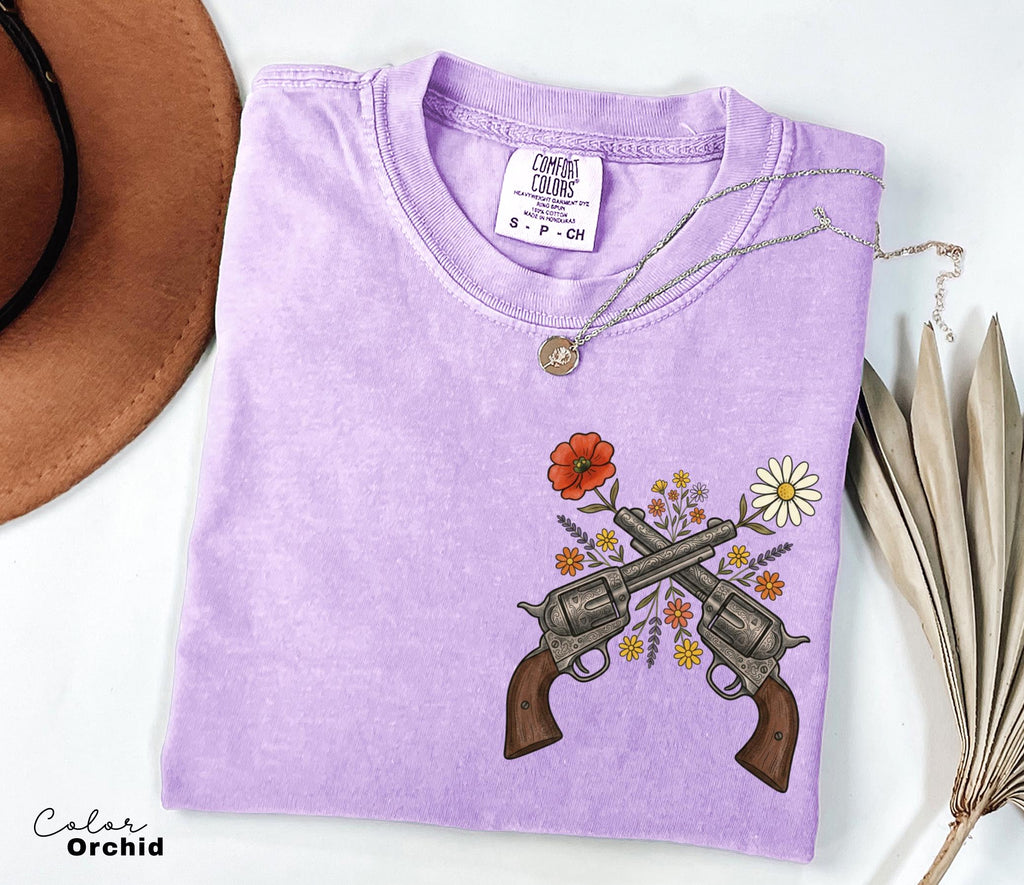 Cowgirl Wildflowers Gun Shirt, Retro Western Graphic Tee, Comfort Colors Country Girl T-Shirt, Rodeo Outfit, Gift for Her, Country Farm
