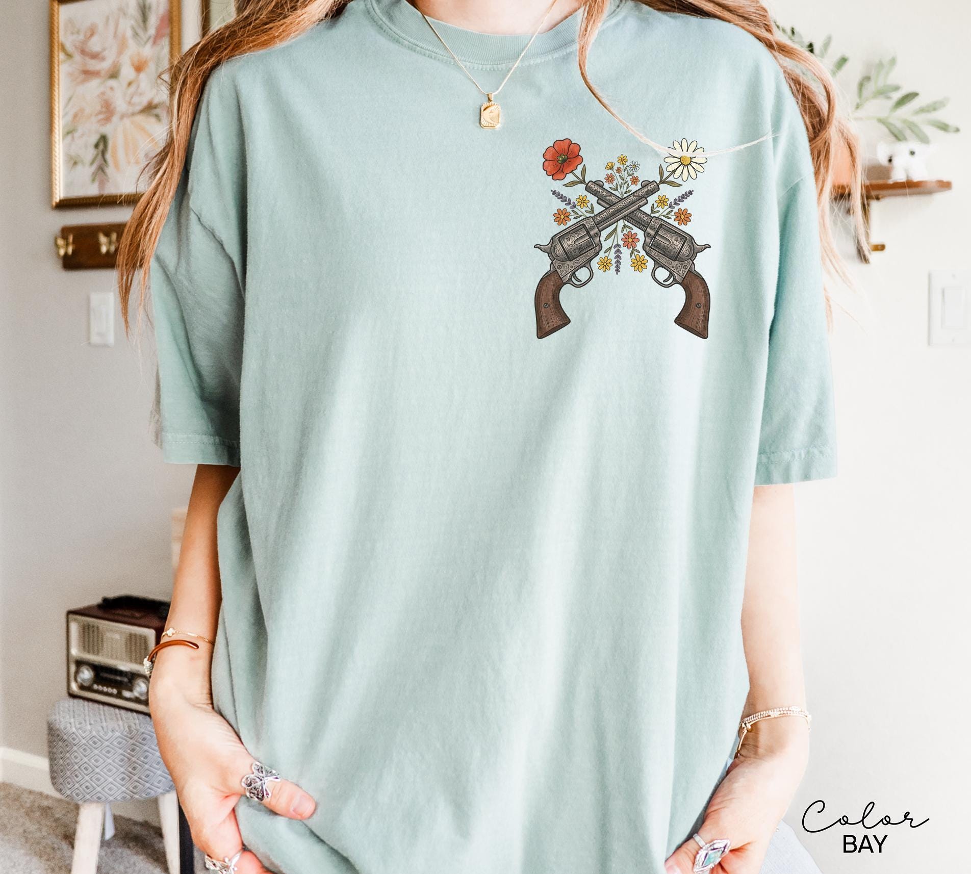 Cowgirl Wildflowers Gun Shirt, Retro Western Graphic Tee, Comfort Colors Country Girl T-Shirt, Rodeo Outfit, Gift for Her, Country Farm