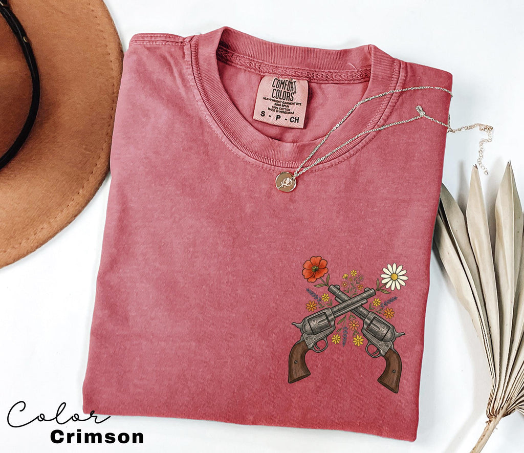 Cowgirl Wildflowers Gun Shirt, Retro Western Graphic Tee, Comfort Colors Country Girl T-Shirt, Rodeo Outfit, Gift for Her, Country Farm