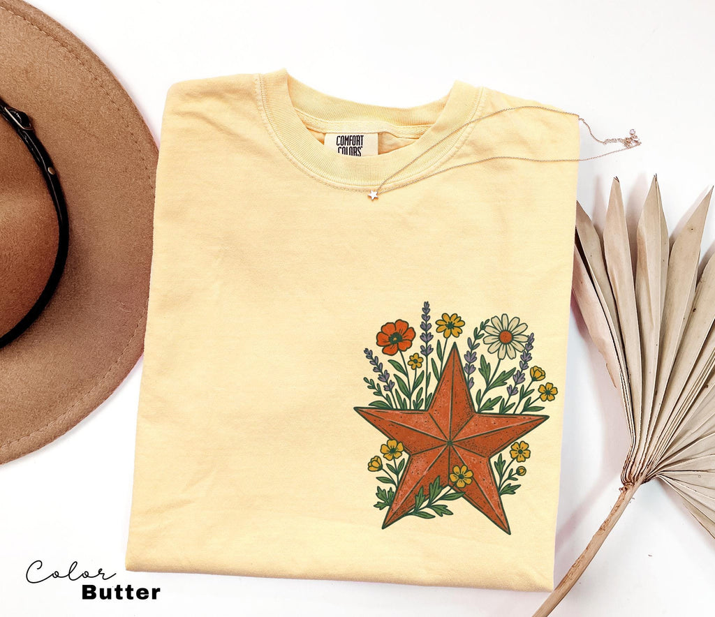Cowgirl Star Wildflowers Shirt, Retro Western Graphic Tee, Comfort Colors Country Girl T-Shirt, Rodeo Outfit, Gift for Her, Country Farm