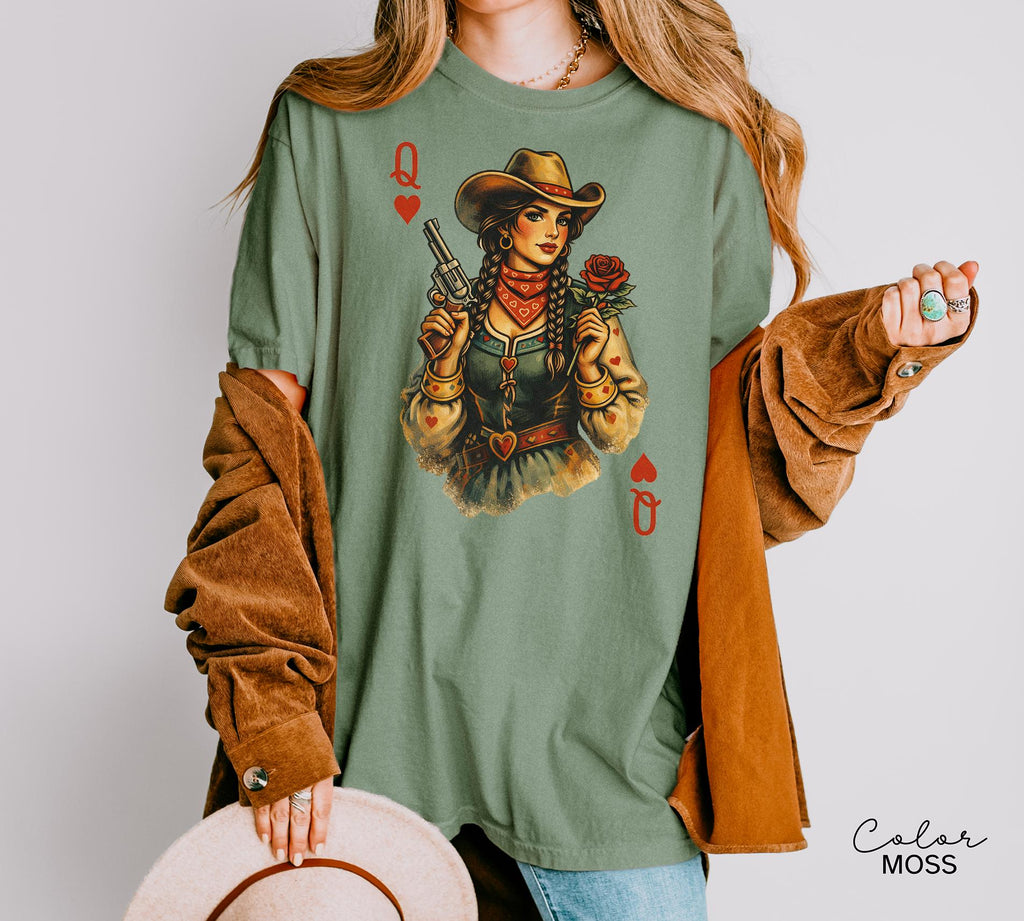 Cowgirl Queen Of Hearts Shirt, Retro Western Cowgirl Graphic Tee, Comfort Colors Country Girl T-Shirt, Vintage Rodeo Outfit, Playing Card