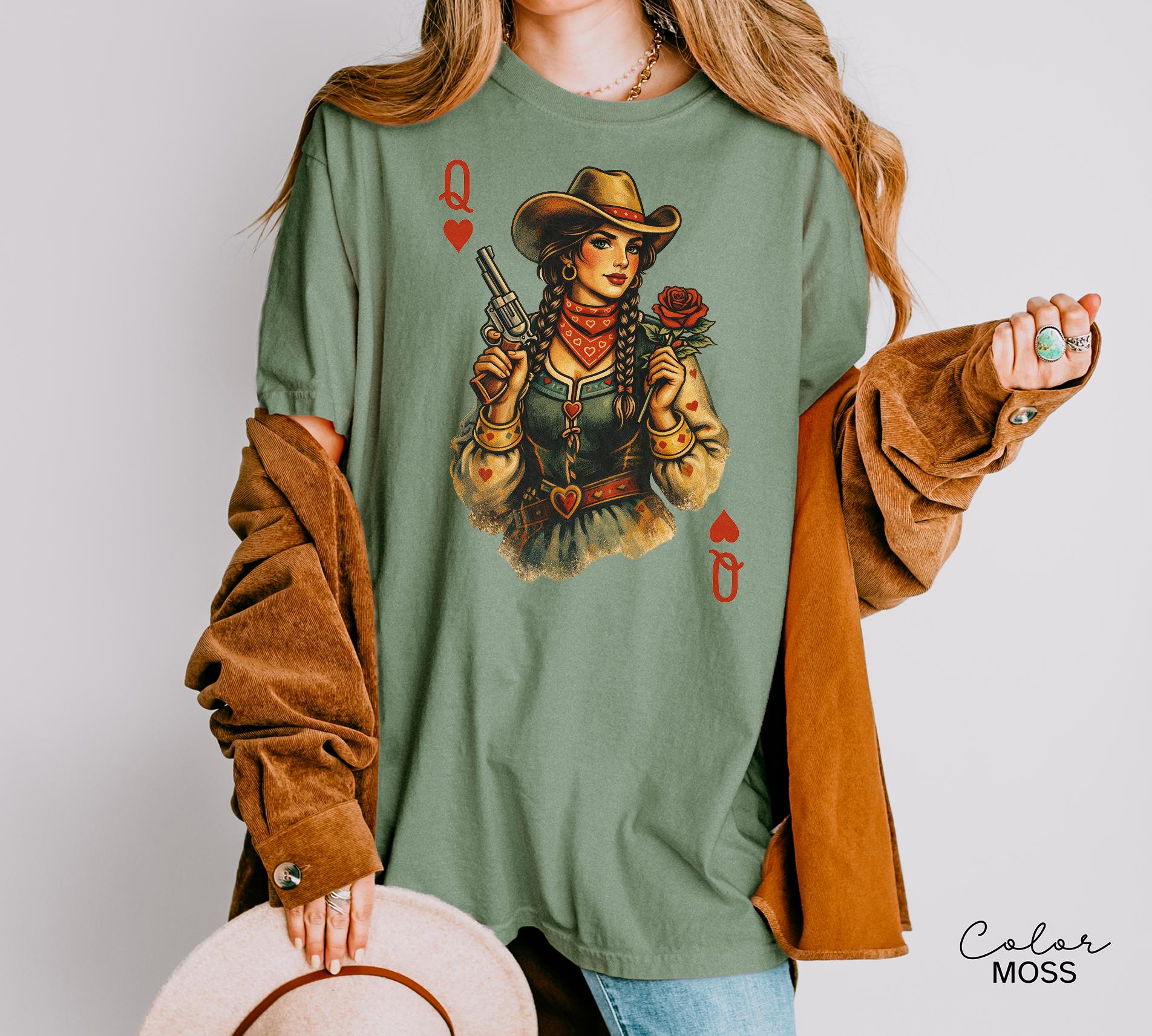 Cowgirl Queen Of Hearts Shirt, Retro Western Cowgirl Graphic Tee, Comfort Colors Country Girl T-Shirt, Vintage Rodeo Outfit, Playing Card