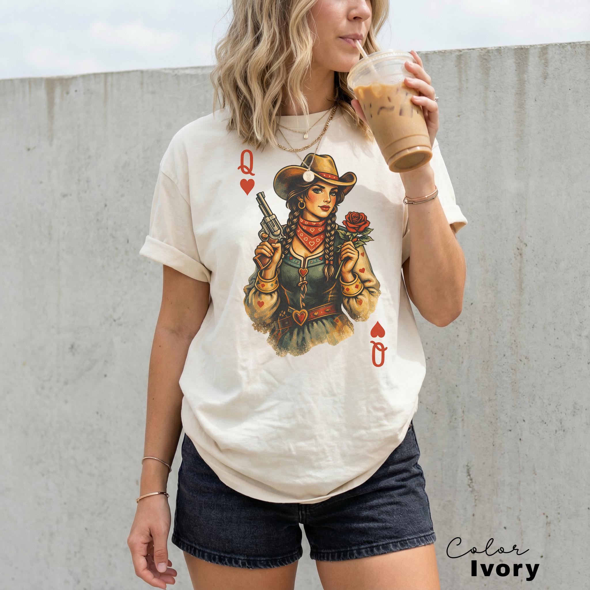 Cowgirl Queen Of Hearts Shirt, Retro Western Cowgirl Graphic Tee, Comfort Colors Country Girl T-Shirt, Vintage Rodeo Outfit, Playing Card