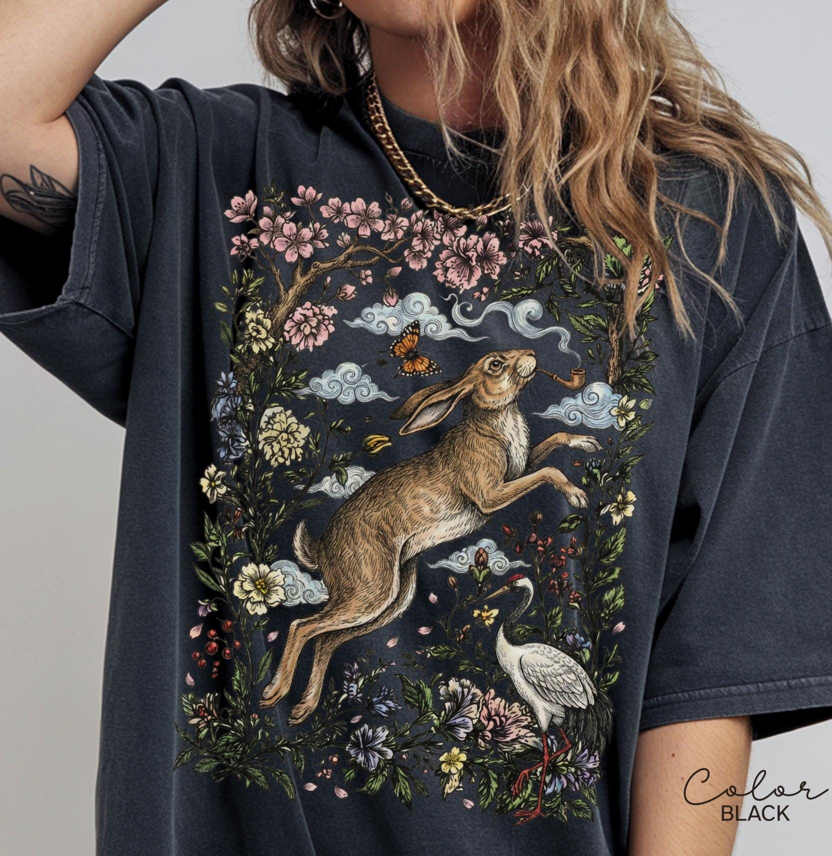Cottagecore Rabbit Shirt, Wild Hare Smoking Pipe T-Shirt
