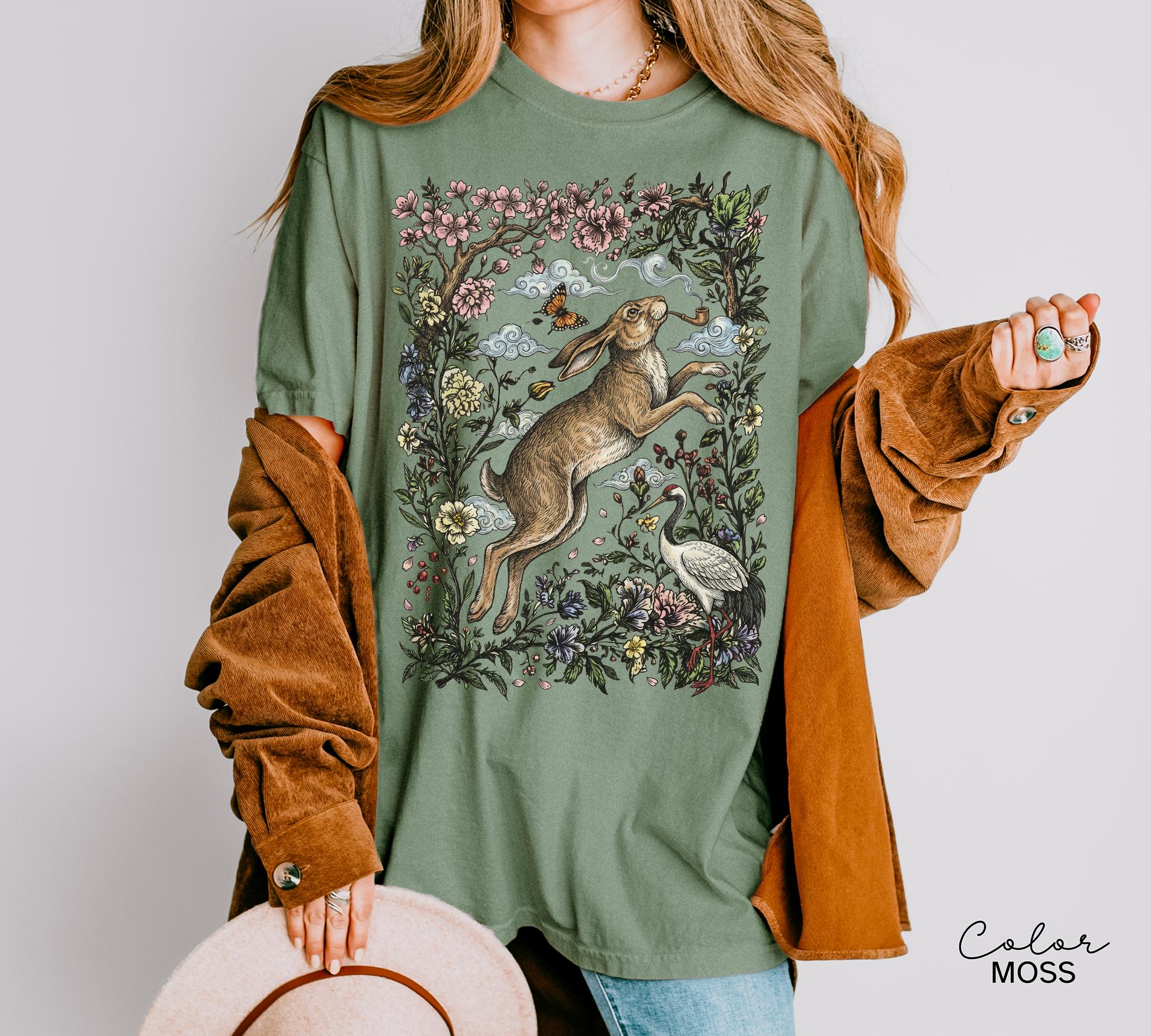 Cottagecore Rabbit Shirt, Wild Hare Smoking Pipe T-Shirt