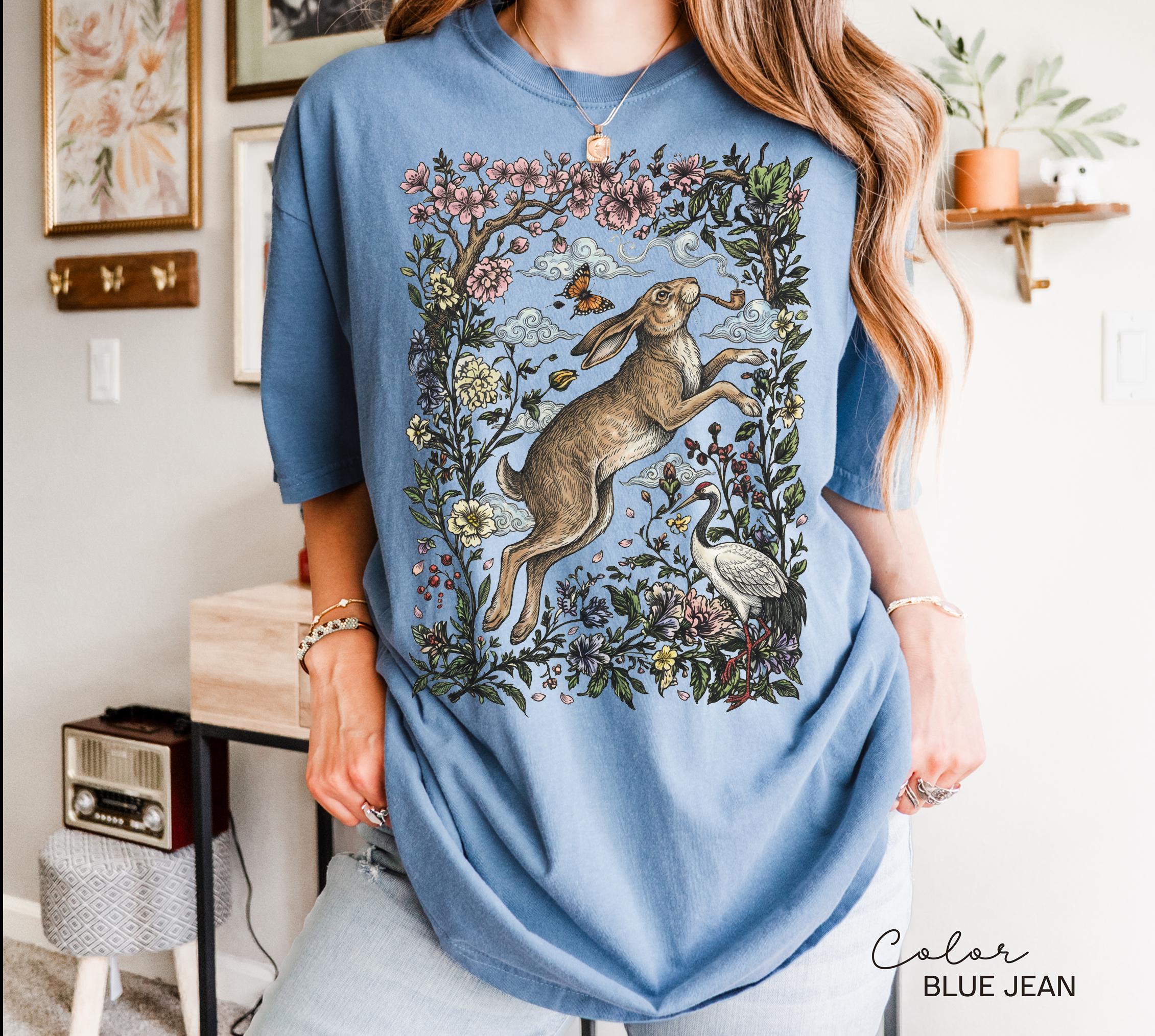 Cottagecore Rabbit Shirt, Wild Hare Smoking Pipe t-shirt, Folk Art Forest Animal TShirt, Woodland Aesthetic Top, Comfort Colors