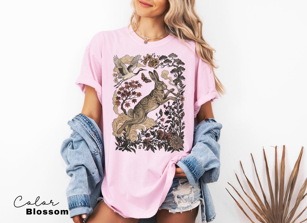 Retro Rabbit Shirt, Wild Hare Smoking Pipe t-shirt, Folk Art Forest Animal TShirt, Woodland Aesthetic Top, Comfort Colors