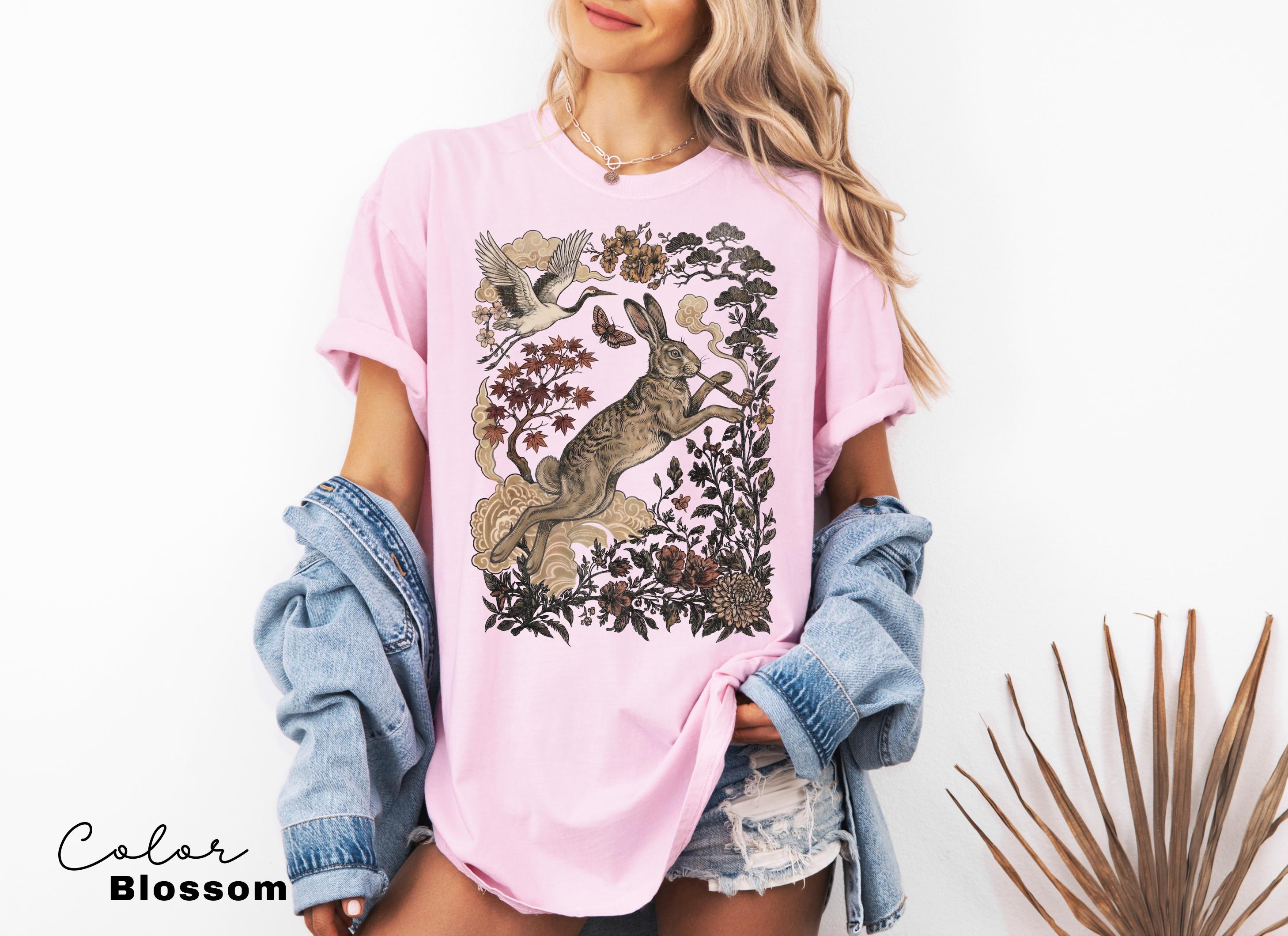 Retro Rabbit Shirt, Wild Hare Smoking Pipe t-shirt, Folk Art Forest Animal TShirt, Woodland Aesthetic Top, Comfort Colors