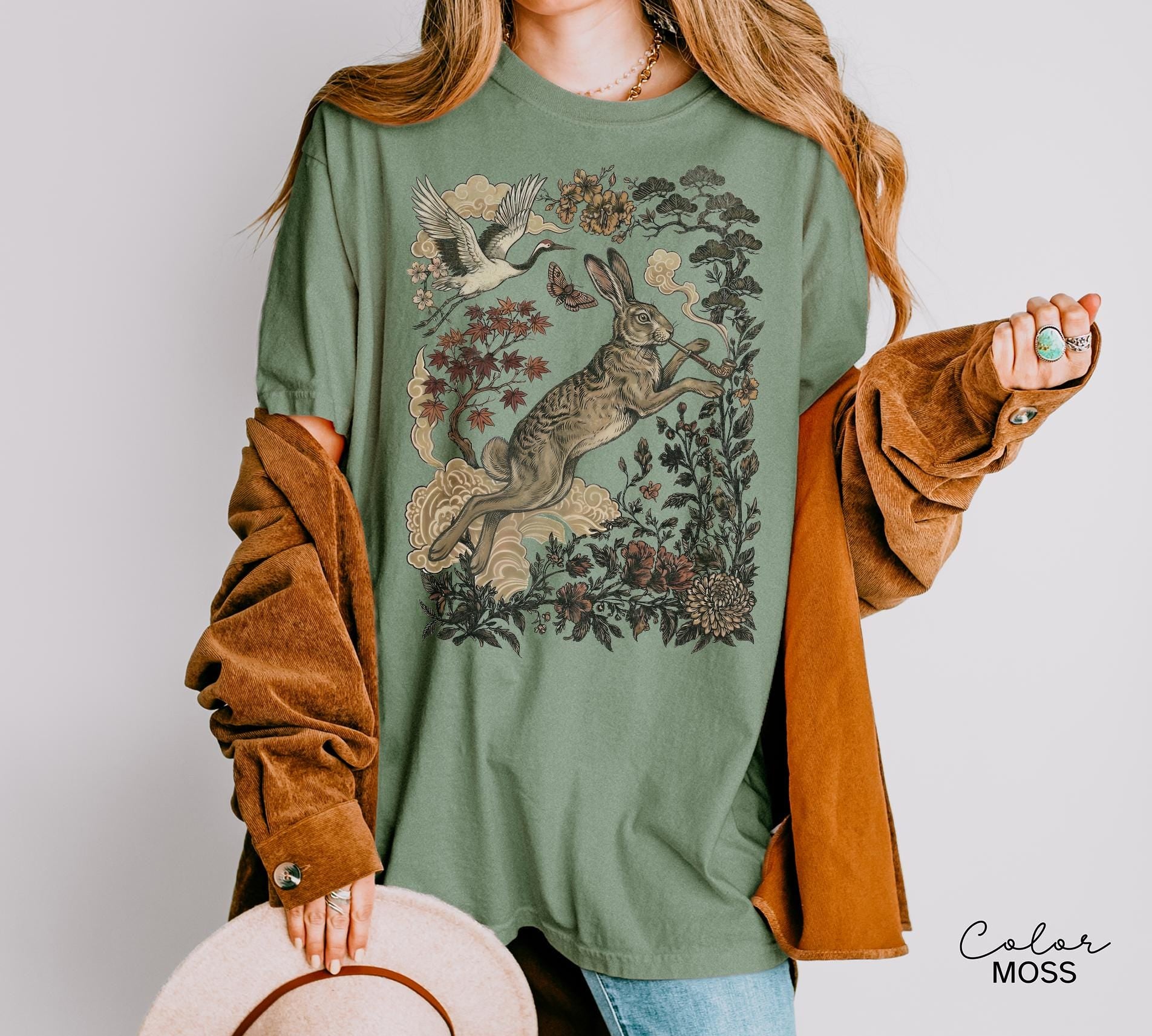 Retro Rabbit Shirt, Wild Hare Smoking Pipe t-shirt, Folk Art Forest Animal TShirt, Woodland Aesthetic Top, Comfort Colors