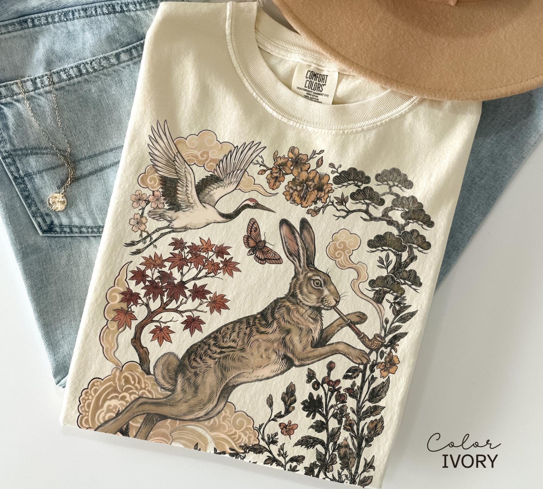 Retro Rabbit Shirt, Wild Hare Smoking Pipe t-shirt, Folk Art Forest Animal TShirt, Woodland Aesthetic Top, Comfort Colors